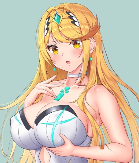blonde hair, blush, breasts, cleavage, female, gold eyes, headpiece, holding breast, lowres, mythra, nintendo, sssemiii, xenoblade (series), xenoblade chronicles 2