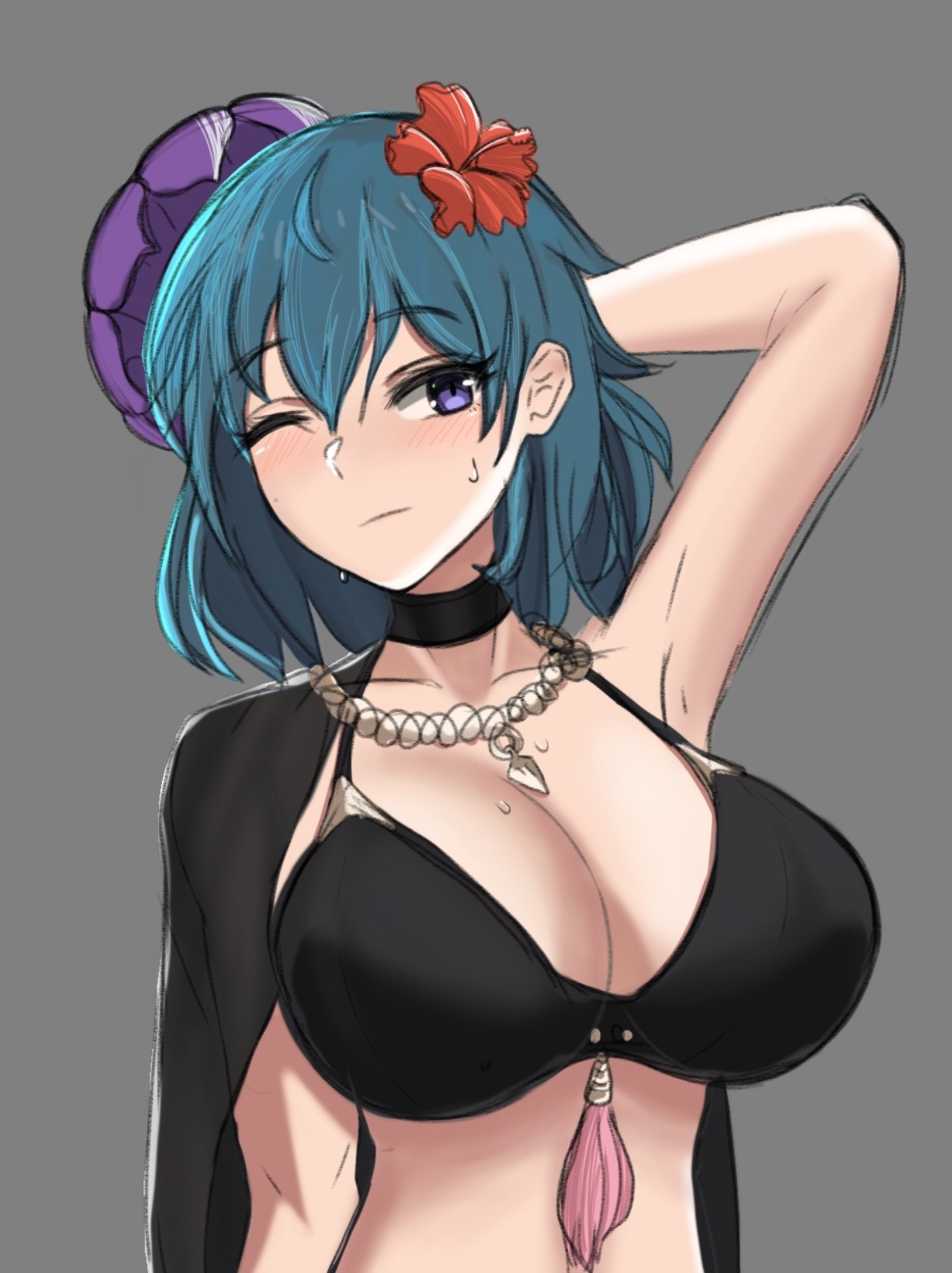 1girls, alternate costume, arm up, bikini, bikini top, black bikini, blue hair, blush, breasts, byleth (fire emblem), byleth (fire emblem) (female), cleavage, desspie, female, fire emblem, fire emblem heroes, fire emblem: three houses, hair flower, hair ornament, highres, huge breasts, large breasts, medium hair, nintendo, one eye closed, purple eyes, solo, teal hair, upper body