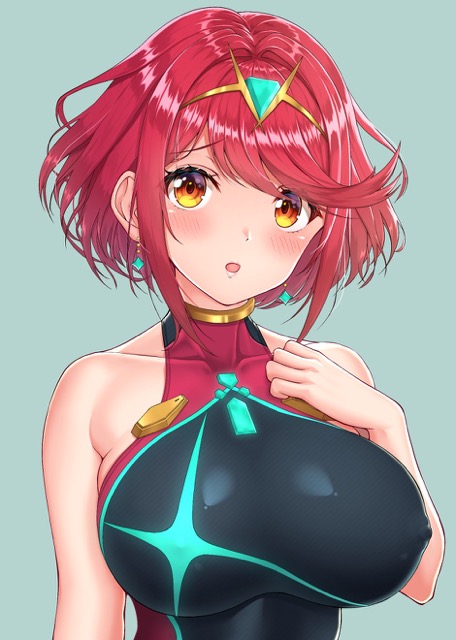1girls, blush, breasts, female, headpiece, large breasts, partially clothed, pyra, red eyes, red hair, solo, solo female, sssemiii, xenoblade (series), xenoblade chronicles 2