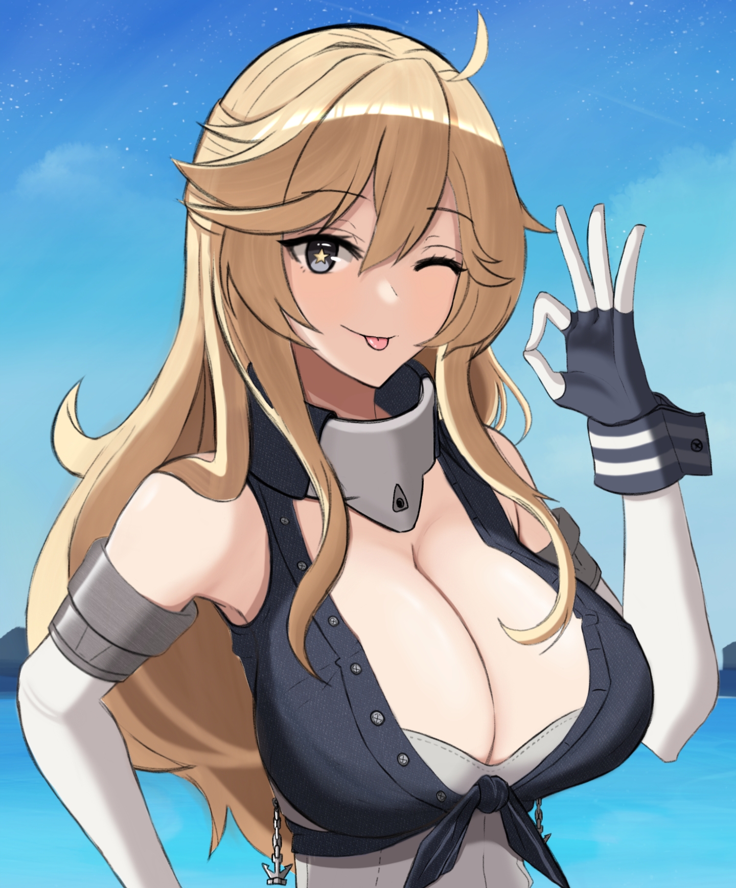 ahoge, bangs, bare shoulders, blonde hair, blue eyes, blue gloves, blue sky, breasts, cleavage, commentary, day, desspie, english commentary, eyebrows visible through hair, female, fingerless gloves, front-tie top, gloves, hair between eyes, highres, iowa (kantai collection), kantai collection, large breasts, long hair, looking at viewer, ok sign, one eye closed, sidelocks, sky, solo, solo female, star (symbol), star-shaped pupils, symbol-shaped pupils, tongue, tongue out, water
