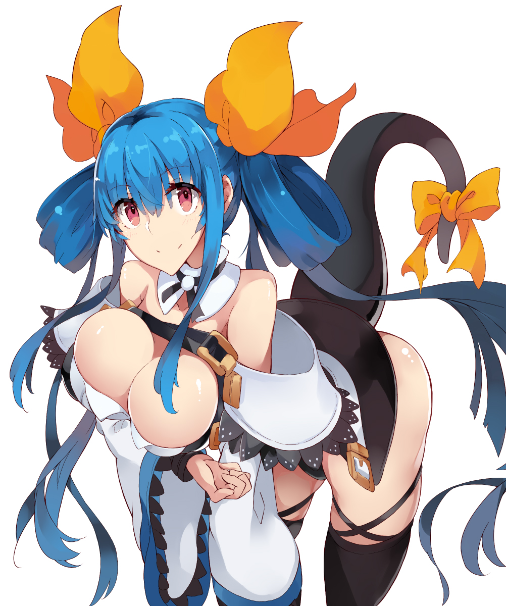 bangs belt black_choker black_legwear black_panties blue_hair bow breast_squeeze breasts choker cleavage closed_mouth collarbone comiket_97 detached_sleeves dizzy_(guilty_gear) eyebrows_visible_through_hair female guilty_gear guilty_gear_xrd hair_between_eyes hair_rings hairbow highres large_breasts leaning_forward long_hair looking_at_viewer luak md5_mismatch panties ribbon simple_background skindentation smile solo solo_female tail tail_bow tail_ornament tail_ribbon thick_thighs thigh_strap thighhighs thighs twintails underwear white_background wide_sleeves yellow_bow yellow_ribbon