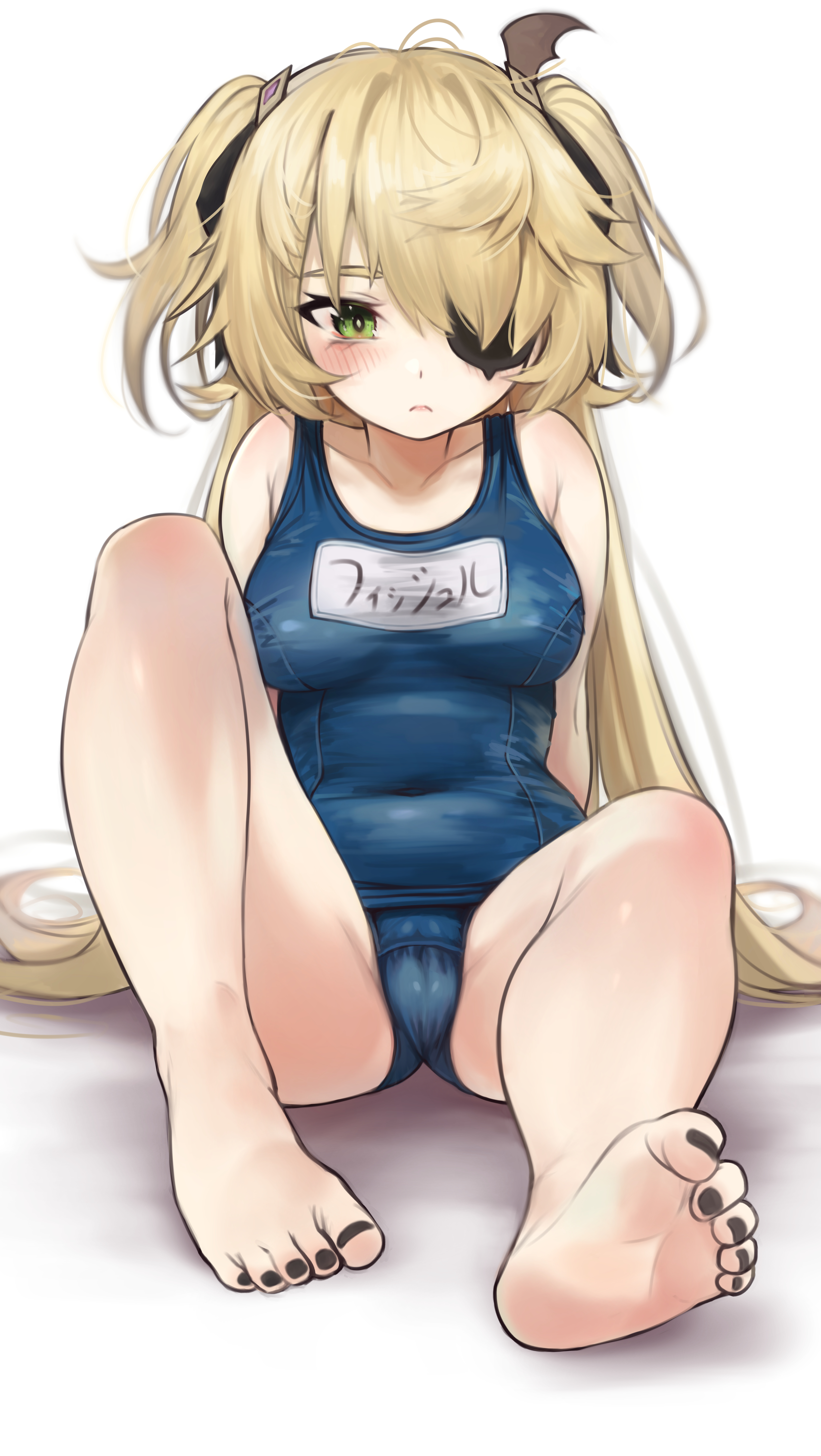 absurdres, bangs, bare shoulders, barefoot, black nails, blonde hair, blush, breasts, cameltoe, eyepatch, feet, female, fischl (genshin impact), genshin impact, green eyes, highres, legs, long hair, looking at viewer, medium breasts, nail polish, one-piece swimsuit, plump, pussy, revision, school swimsuit, simple background, sitting, soles, swimsuit, toes, torriet, two side up, white background