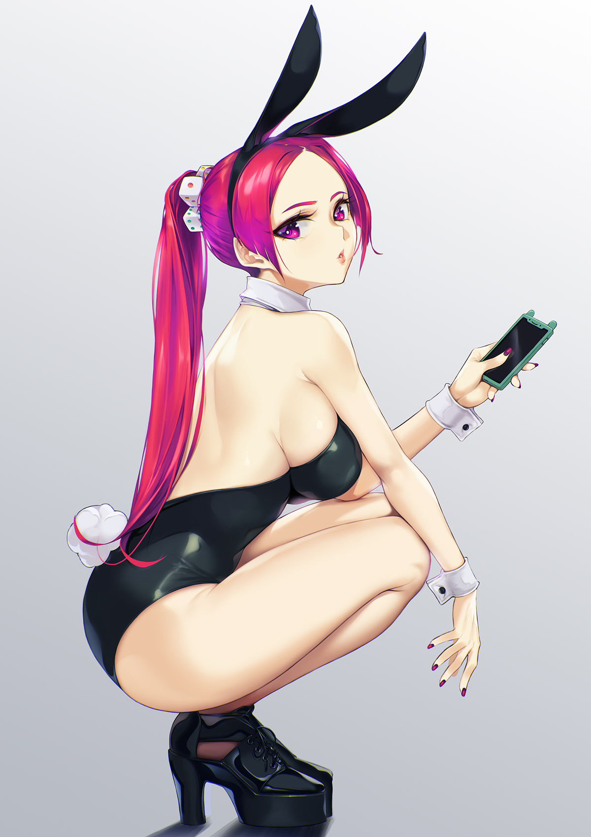 1girls, animal ears, bare legs, black footwear, black leotard, blueorca, bunny ears, bunny girl, bunny tail, bunnysuit, cellphone, cuffs, detached collar, dice hair ornament, female, female only, gradient, gradient background, grey background, hair ornament, high heels, highres, leotard, lips, looking at viewer, original, phone, platform footwear, playboy bunny, ponytail, red eyes, red hair, smartphone, solo, strapless, strapless leotard, tail, thighs, wrist cuffs