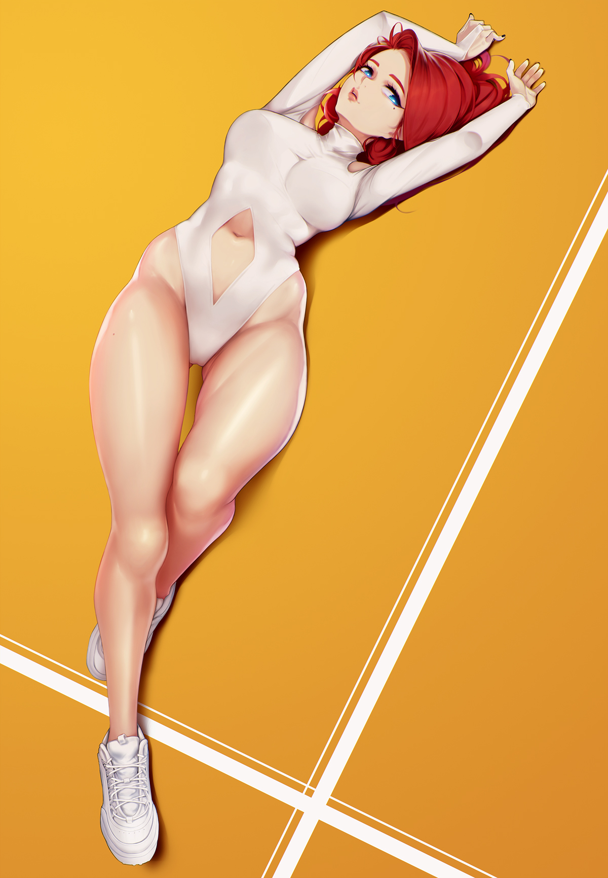 arms up, bare legs, black nails, blue eyes, blueorca, breasts, center opening, clothing cutout, commentary, female, full body, groin, highleg, highleg leotard, highres, large breasts, legs, leotard, lips, long hair, long legs, looking at viewer, lying, mole, mole under eye, nail polish, navel, on back, on ground, original, parted lips, red hair, shoes, shoulder cutout, solo, thighs, upper teeth, white footwear, white leotard