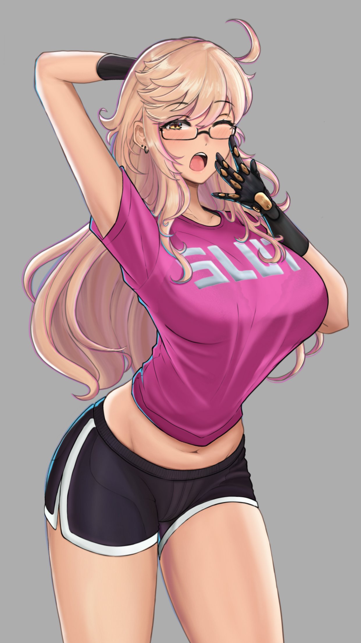 1girls ahoge alma_armas black-framed_eyewear black_shorts blonde_hair blush breasts commentary commission desspie earrings english_commentary english_text eyebrows_visible_through_hair female female_only fuck-me_shirt glasses grey_background highres huge_ahoge jewelry large_breasts long_hair mechanical_hands meme_attire midriff navel pink_shirt print_shirt prosthetic_hand semi-rimless_eyewear shirt short_shorts shorts slender_waist solo solo_female t-shirt thighs under-rim_eyewear upper_teeth va-11_hall-a waking_up yawning yellow_eyes