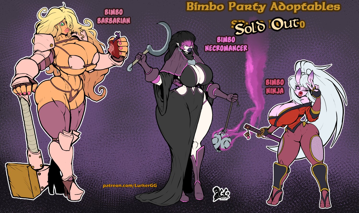 3girls, abs, amazon, ass, barbarian, big ass, big breasts, bimbo, breasts, english text, female, female only, hair over eyes, height difference, high heels, huge ass, huge breasts, lurkergg, multiple females, multiple girls, muscular, muscular female, necromancer, ninja, shortstack, size difference, voluptuous, wide hips