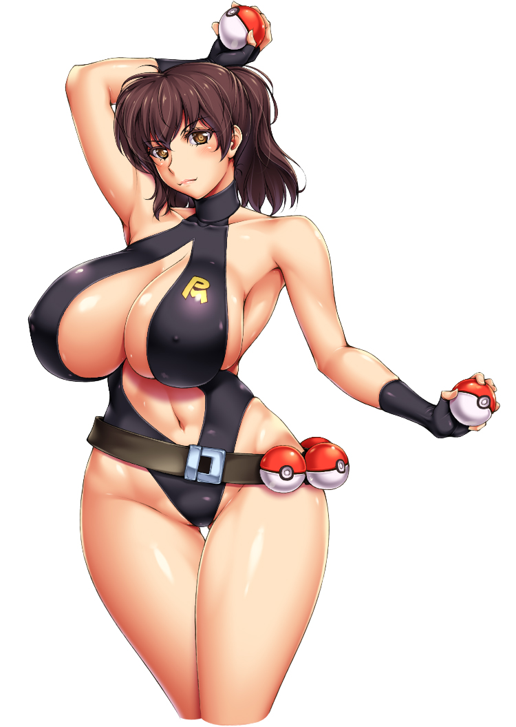 1girls, alternate breast size, ameoto, big breasts, breasts, brown eyes, brown hair, cleavage, female, female only, fingerless gloves, gloves, huge breasts, kasumi (pokemon), large breasts, legs, misty (the electric tale of pikachu), nipple bulge, nipples, one-piece swimsuit, pokeball, pokemon, pokemon (manga), skimpy, solo female, swimsuit, the electric tale of pikachu, thick thighs, thighs, white background