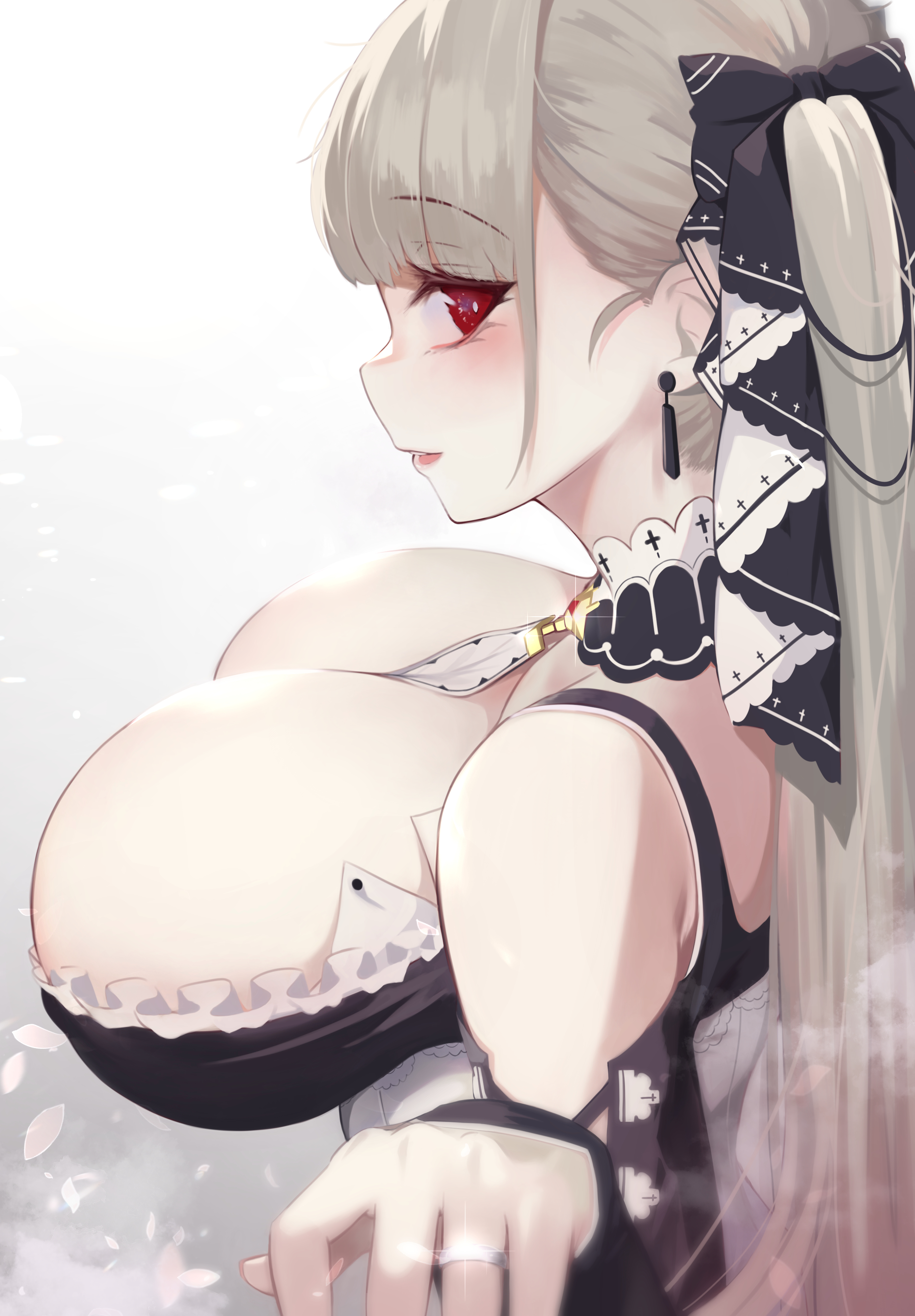 absurdres, azur lane, bangs, between breasts, black dress, blush, breasts, cleavage, commentary request, dress, earrings, eyebrows visible through hair, female, formidable (azur lane), frilled dress, frills, grey hair, hair ribbon, highres, huge breasts, jewelry, long hair, looking at viewer, parted lips, red eyes, revision, ribbon, ring, simple background, smile, solo, torriet, twintails, two-tone dress, two-tone ribbon, wedding band