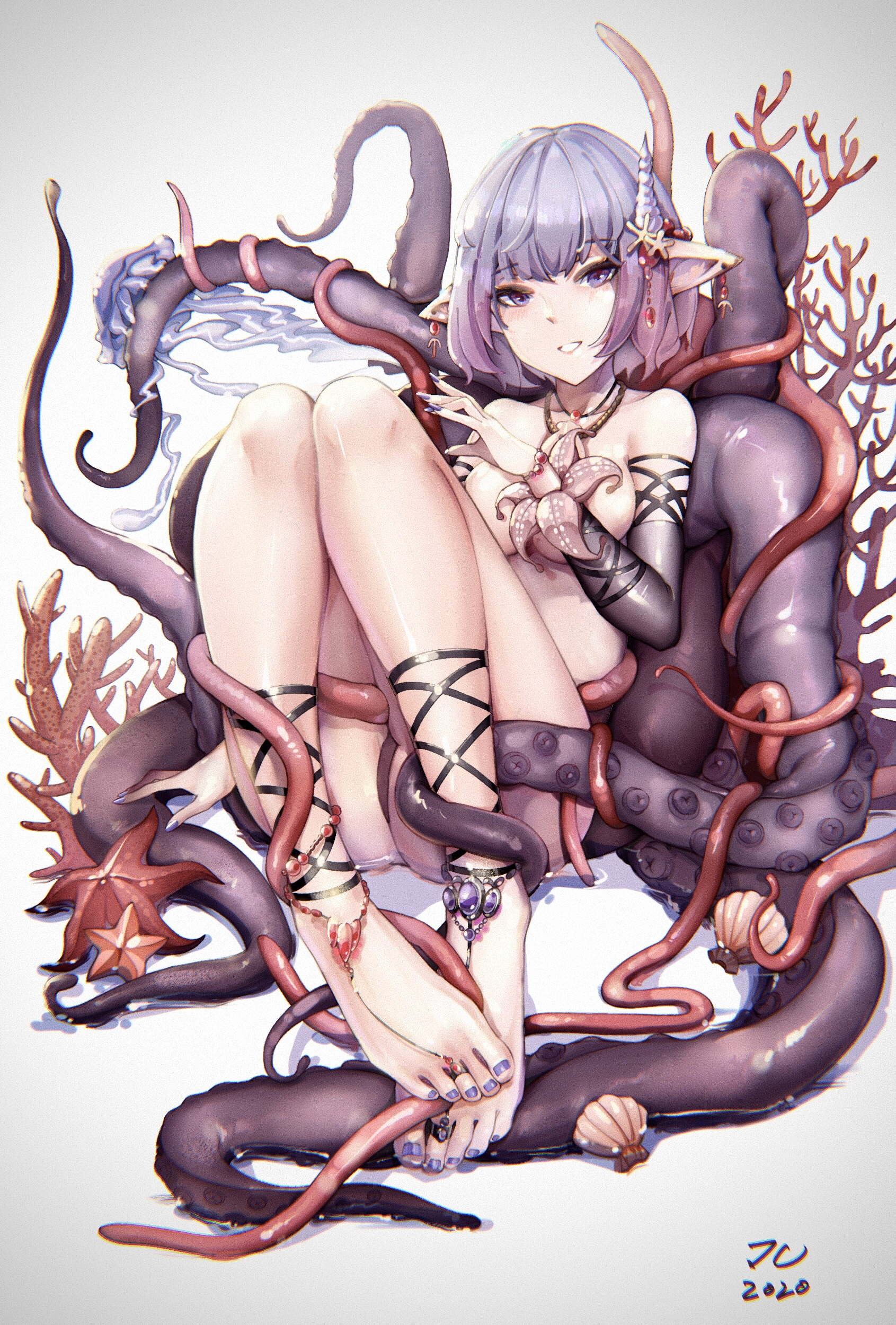 1girls, anklets, barefoot, barefoot sandals, feet, female, female only, gloves, jc1518157, looking at viewer, nail polish, short hair, smile, smiling, smiling at viewer, tentacle, toenail polish