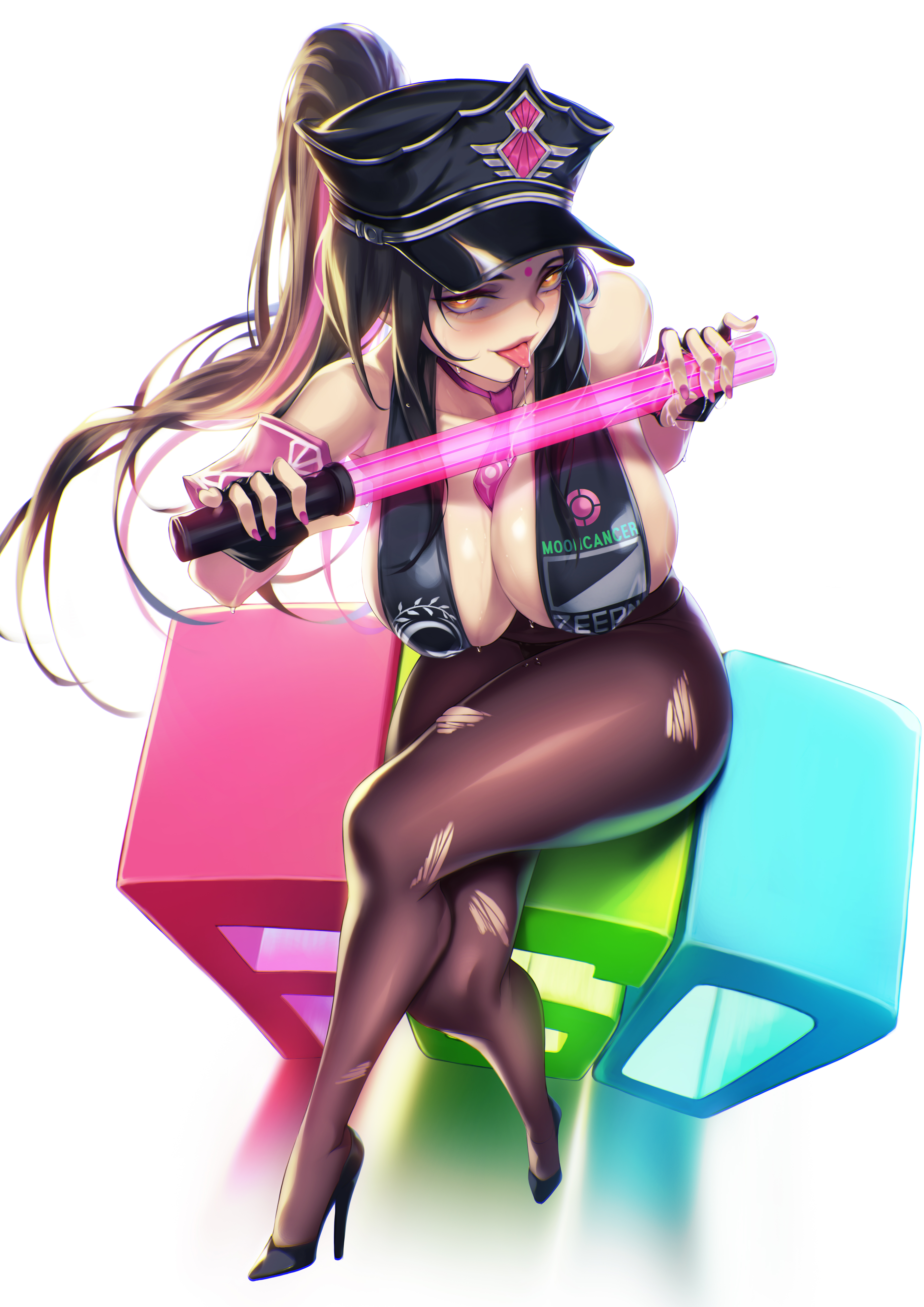 absurdres, bare shoulders, bikini, black bikini, black bodysuit, black hair, blueorca, bodysuit, breasts, cleavage, facial mark, fate (series), fate/grand order, female, forehead mark, hat, high heels, highres, holding, legs crossed, long hair, looking at viewer, multicolored hair, nail polish, peaked cap, pink hair, ponytail, purple nails, sesshouin kiara, sesshouin kiara (swimsuit mooncancer) (fate), sitting, solo, streaked hair, swimsuit, thighs, tongue, tongue out, torn bodysuit, torn clothes, yellow eyes
