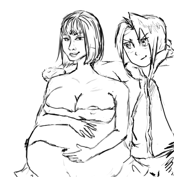 1boy 1girls arm_around_shoulders edward_elric fullmetal_alchemist fullmetal_alchemist_brotherhood fullmetalsketch hands_on_belly life_is_strange max_caulfield pregnant rough_sketch