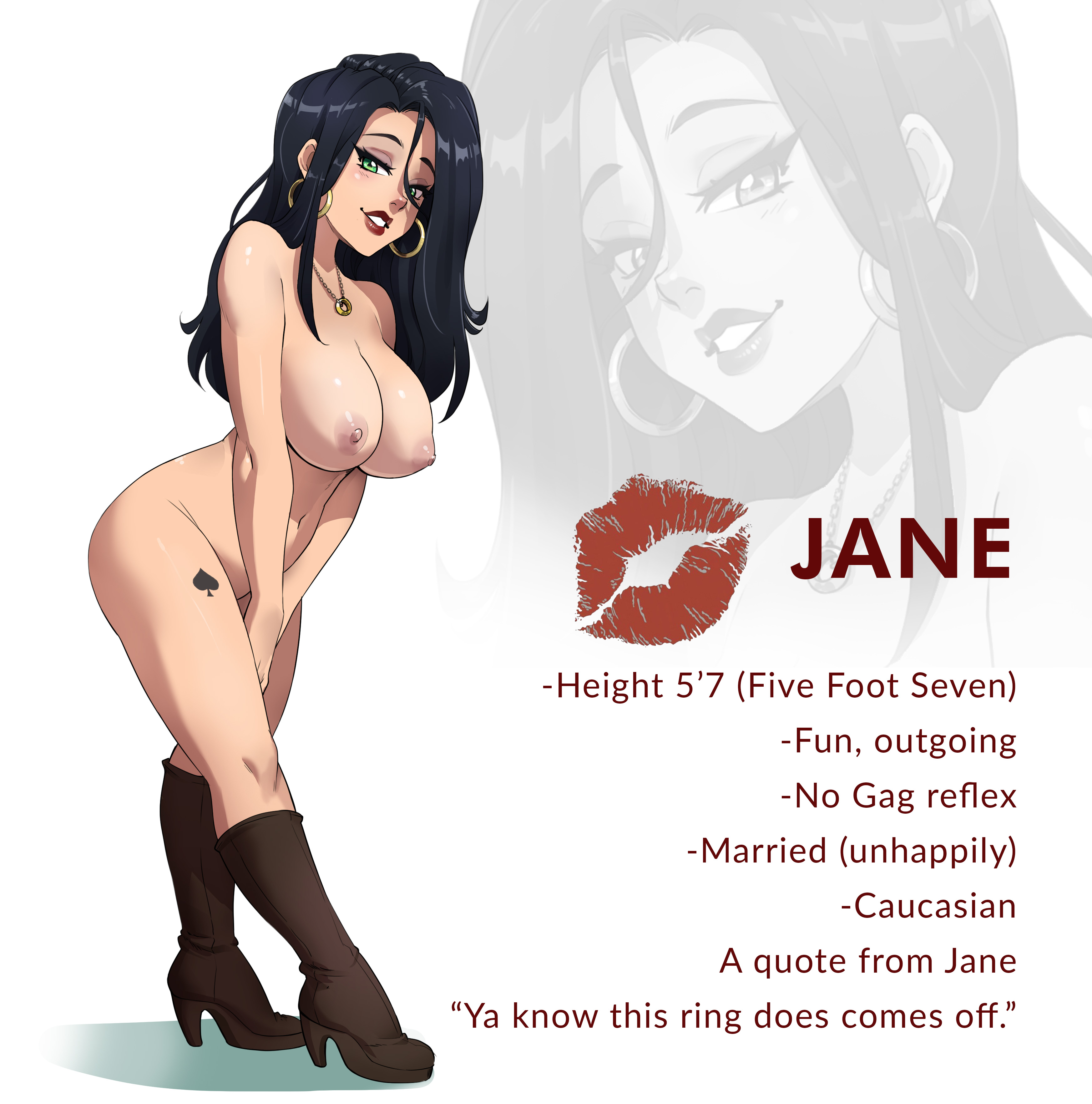 1girls, areolae, black hair, boots, breasts, character profile, character sheet, dirtyero (artist), earrings, eyeshadow, female, female only, full body, green eyes, heel boots, heels, high heel boots, high heels, hoop earrings, jane archer, large breasts, lipstick, long hair, married female, mascara, milf, naked boots, naked footwear, necklace, nipples, nude, original, original character, queen of spades, shiny breasts, smile, solo, spade, tattoo
