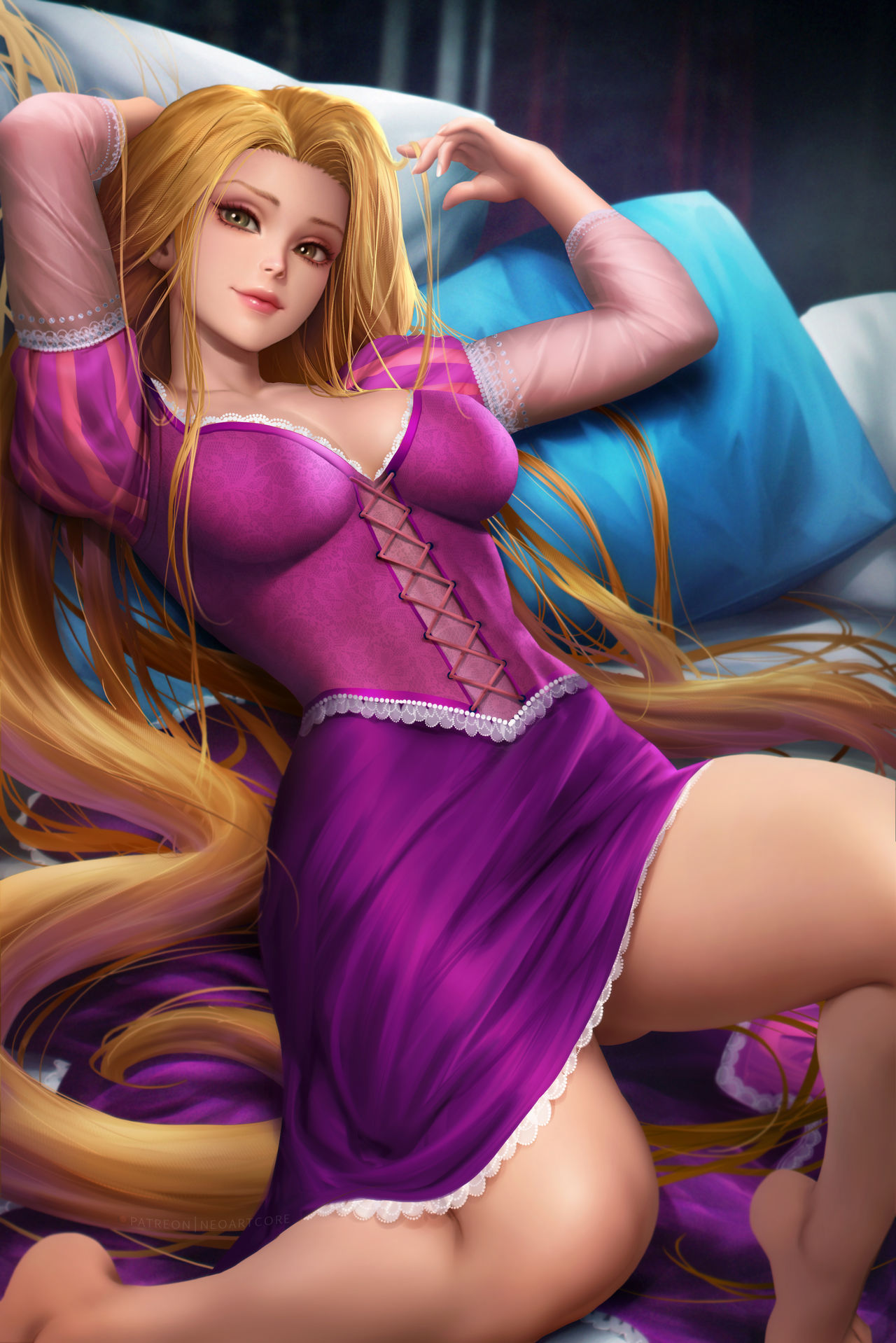 1girls, blonde hair, clothed, clothed female, clothes, clothing, disney, disney princess, dress, female, female only, fully clothed, green eyes, long hair, neoartcore, purple dress, rapunzel, solo, tagme, tangled, very long hair
