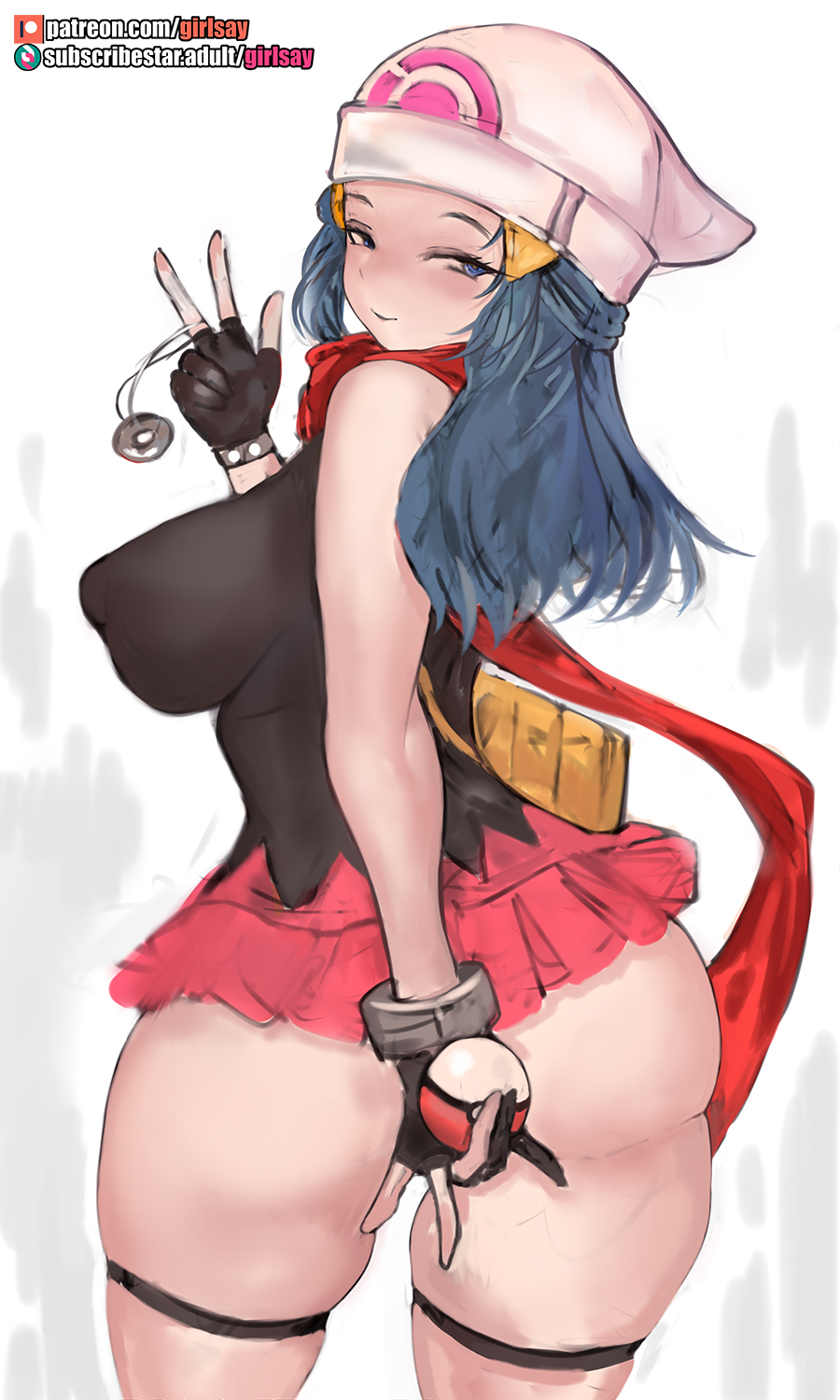 1girls, alternate breast size, big breasts, breasts, clothed, clothing, dawn (pokemon), female, female only, girlsay, large breasts, looking at viewer, looking back, nintendo, peace sign, pokemon, solo, solo female, v