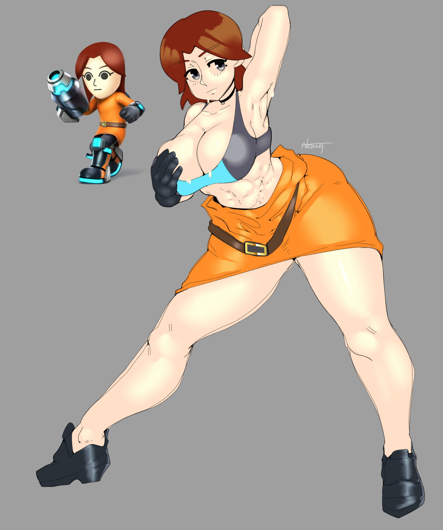1girls, 2021, armpits, bra, breasts, brown hair, choker, clothing, female, female only, gloves, grey background, grey eyes, light skin, light-skinned female, mii, mii gunner, mii gunner (smash 4), mob face, nezulet, nintendo, orange clothing, short hair, solo, sports bra, super smash bros., super smash bros. for nintendo 3ds and wii u, sweat, toned, toned female, white skin