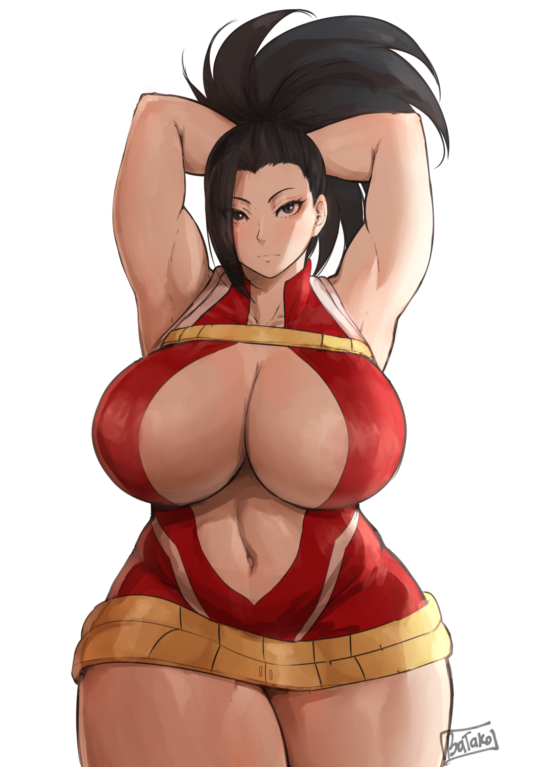 1girls areola_slip areolae armpits arms_behind_head arms_up batako black_hair blush breasts center_opening chest_strap cleavage curvaceous female hero_outfit_(mha) highres huge_breasts impossible_opening leotard long_hair looking_at_viewer momo_yaoyorozu my_hero_academia navel ponytail revealing_clothes solo standing stomach thick_thighs thighs tied_hair underboob wide_hips