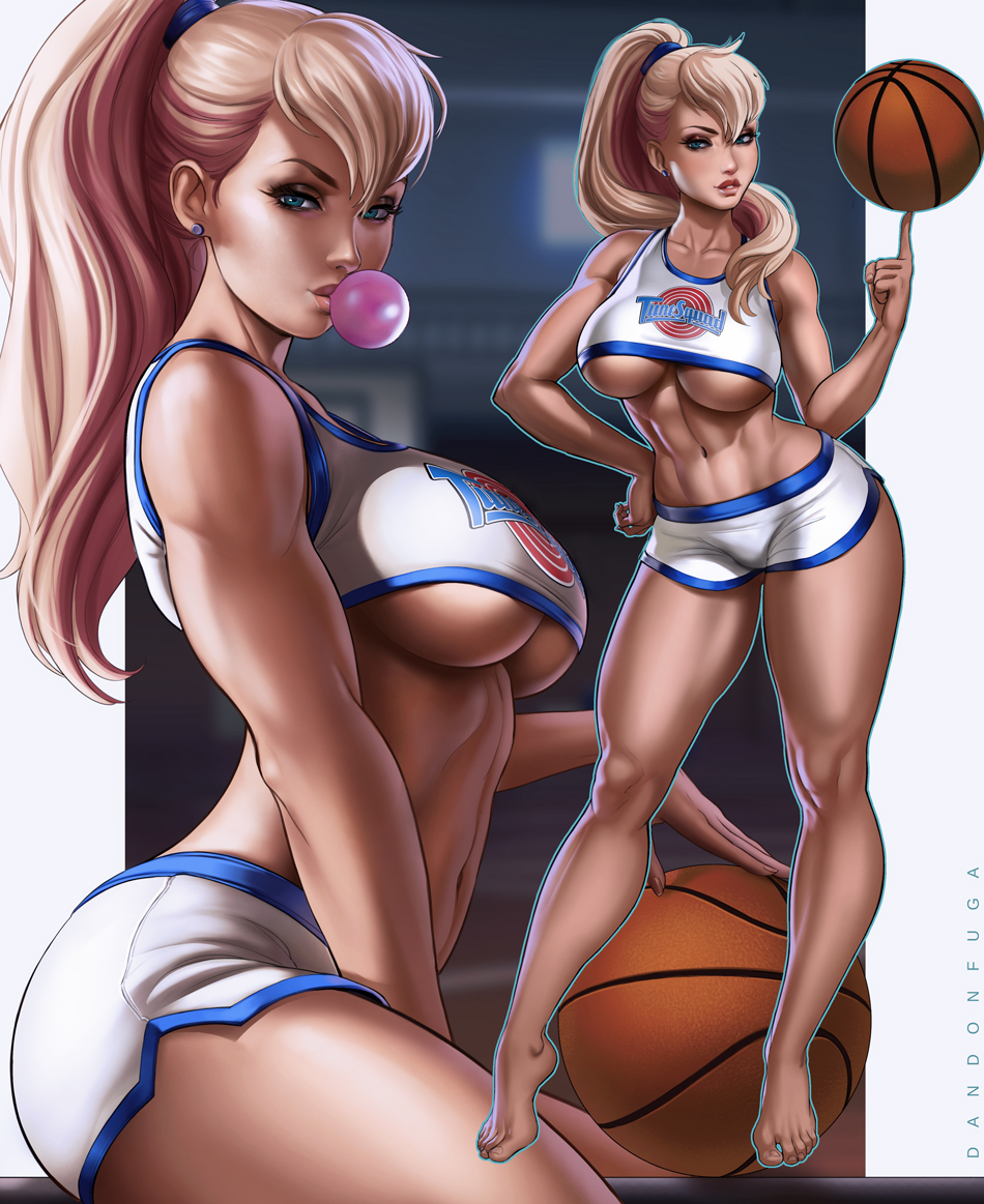 1girls, abs, barefoot, basketball, blonde hair, breasts, bubble gum, child bearing hips, dandon fuga, dual persona, earrings, female, female only, humanized, jewelry, lola bunny, long hair, ponytail, solo, space jam, thick thighs, toned, toned female, underboob