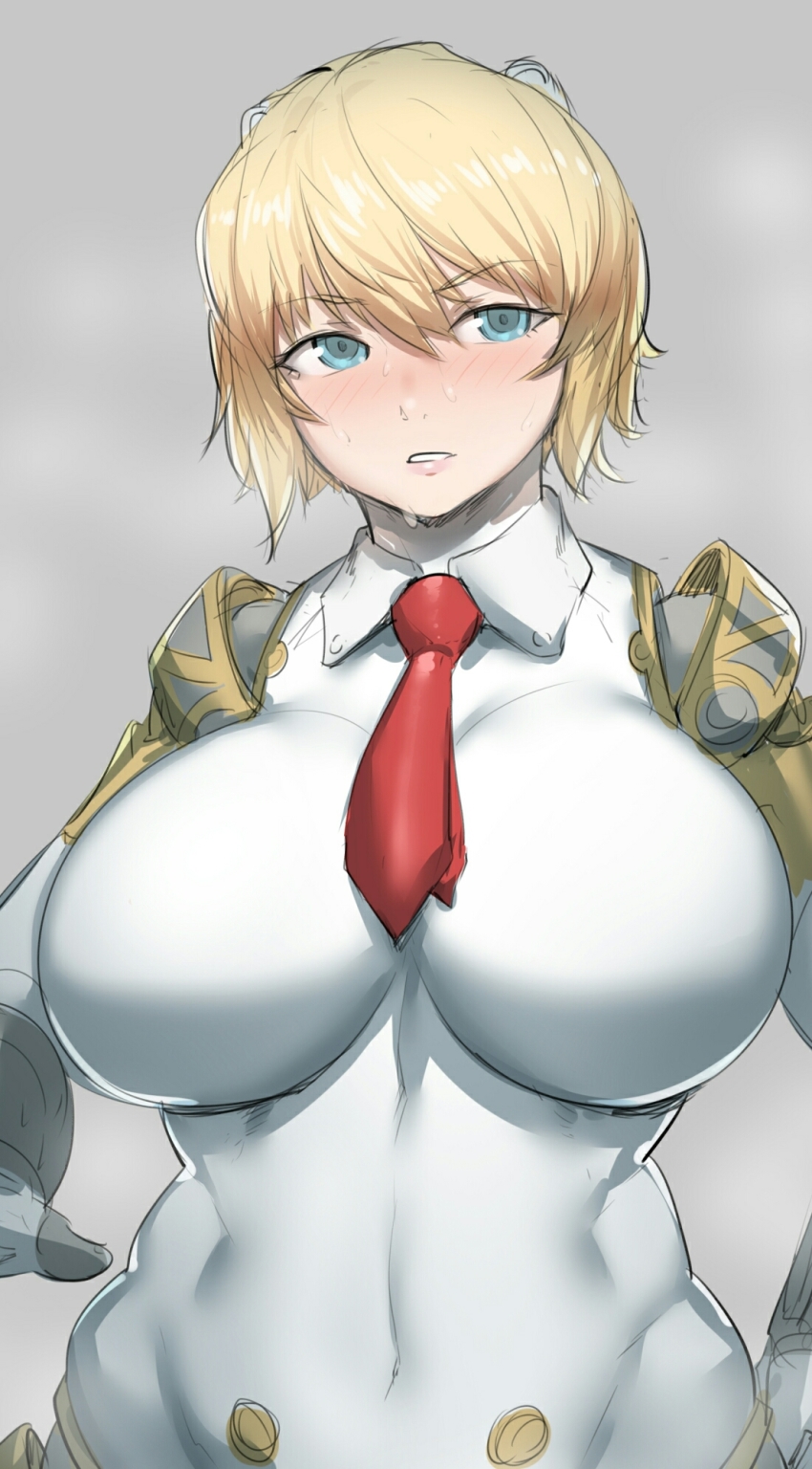 aegis_(persona) aigis_(persona) blonde_hair blue_eyes blush bodysuit female_only gynoid huge_breasts natedecock persona persona_3 robot shin_megami_tensei solo solo_female sweat voluptuous