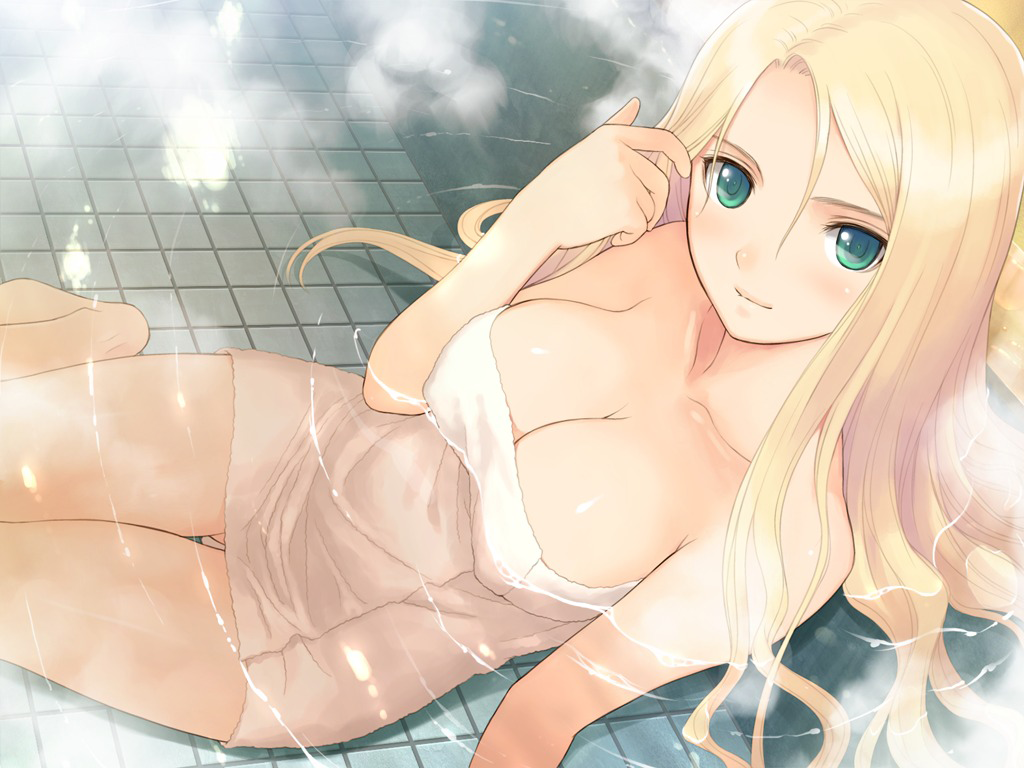 bathing bathroom blonde_hair blue_eyes breasts date_wingfield_reiko fault!! female floating_breasts game_cg gold_hair green_eyes half_naked looking_at_viewer sitting taka_tony teenage_girl teenager