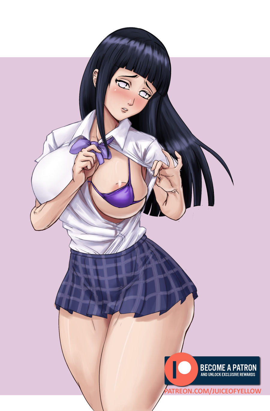 1girls, areola slip, areolae, armpits, big breasts, blunt bangs, blush, bra, breasts, clothing, curvy, curvy figure, female, female only, hyuuga hinata, juiceofyellow, long hair, looking at viewer, naruto, naruto (series), naruto shippuden, one breast out, open clothes, presenting, presenting breasts, purple hair, ribbon, school uniform, schoolgirl, shirt, shy, skimpy, skimpy clothes, skirt, thick thighs, unbuttoned, unbuttoned shirt, undressing, url, violet eyes, watermark, web address, wide hips