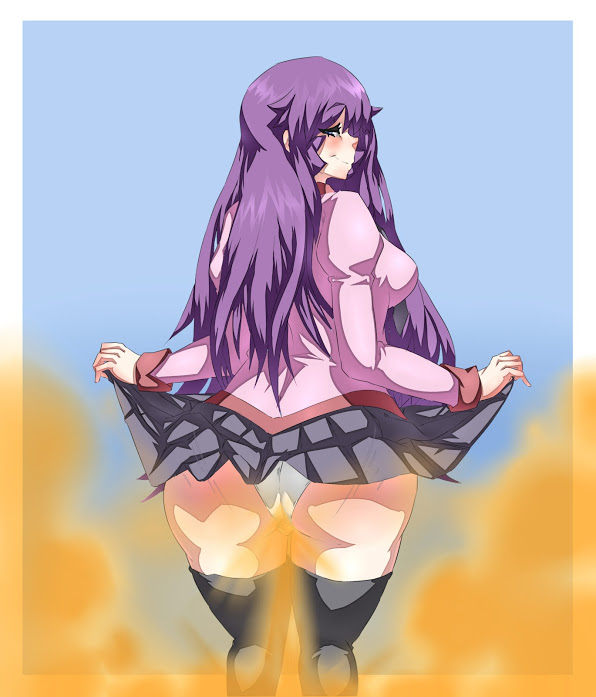 bakemonogatari colored curvaceous fart fart_cloud fart_fetish farting huge_ass lazei looking_at_viewer looking_back looking_pleasured monogatari_(series) panties senjougahara_hitagi skirt_lift skirt_pull thick_thighs