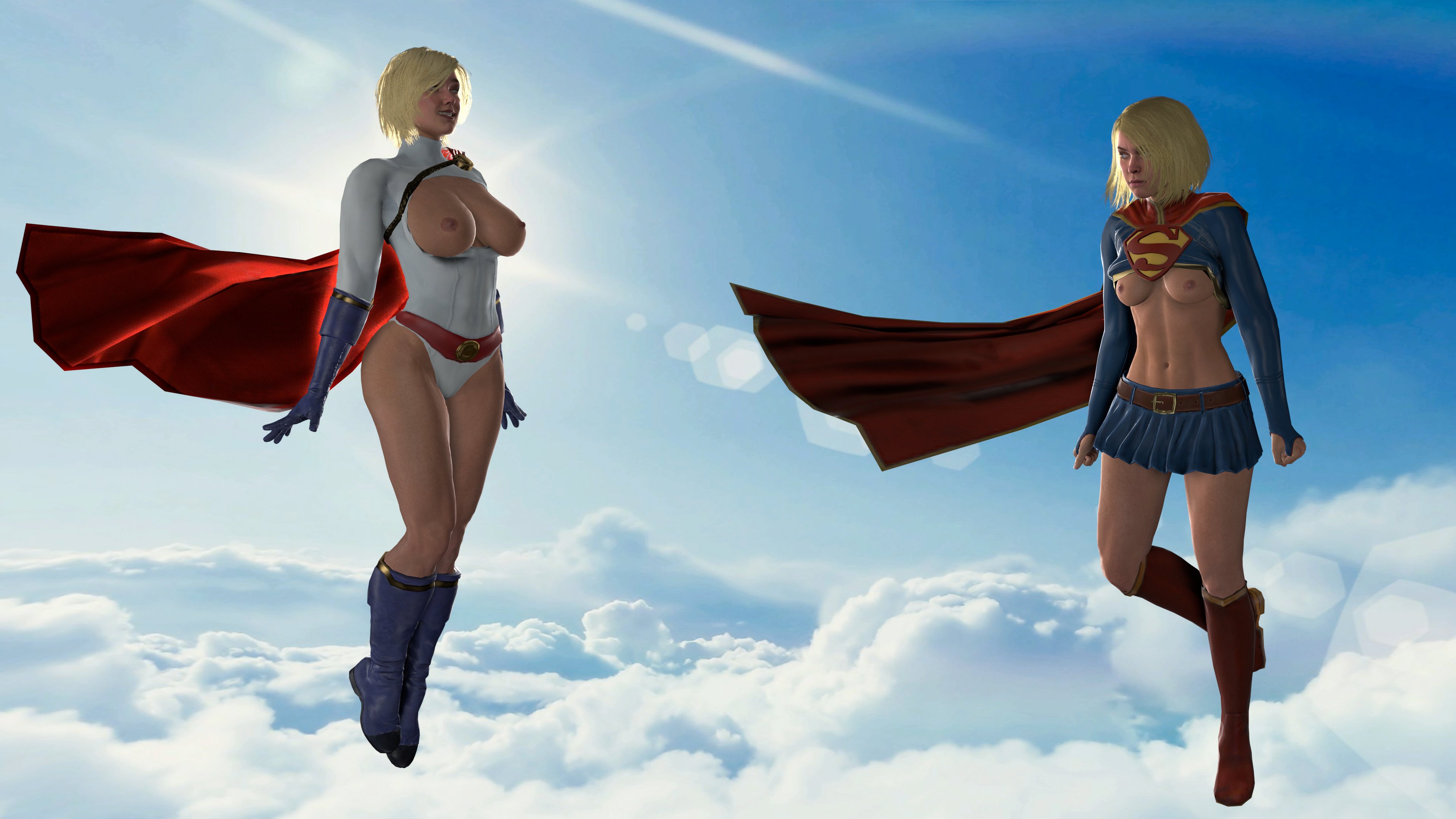 2girls, 3d, abs, areolae, ass, big ass, big penis, blonde hair, blue eyes, bob cut, breast envy, breast size difference, breasts, breasts out, cute, dc, dc comics, female, female only, injustice 2, kara danvers, kara zor-el, kara zor-l, karen starr, large breasts, leotard, male, nipples, penis, power girl, power girl (injustice), skirt, small breasts, smile, source filmmaker, supergirl, supergirl (injustice), superman (series), thick, wide hips, winterssfm