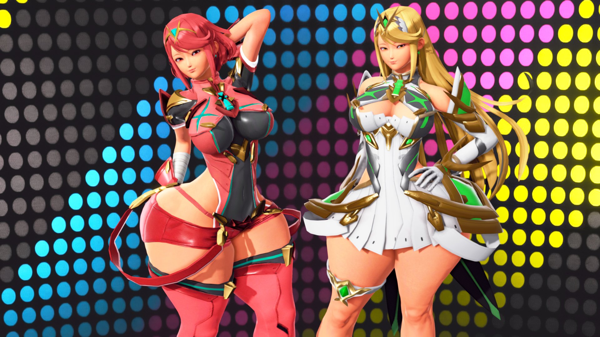3d, 3d model, armor, big breasts, blonde hair, bob cut, breasts, faubek, female, female only, large breasts, looking at viewer, mythra, nintendo, pyra, red eyes, sfm, thick thighs, wide hips, xenoblade (series), xenoblade chronicles 2, yellow eyes