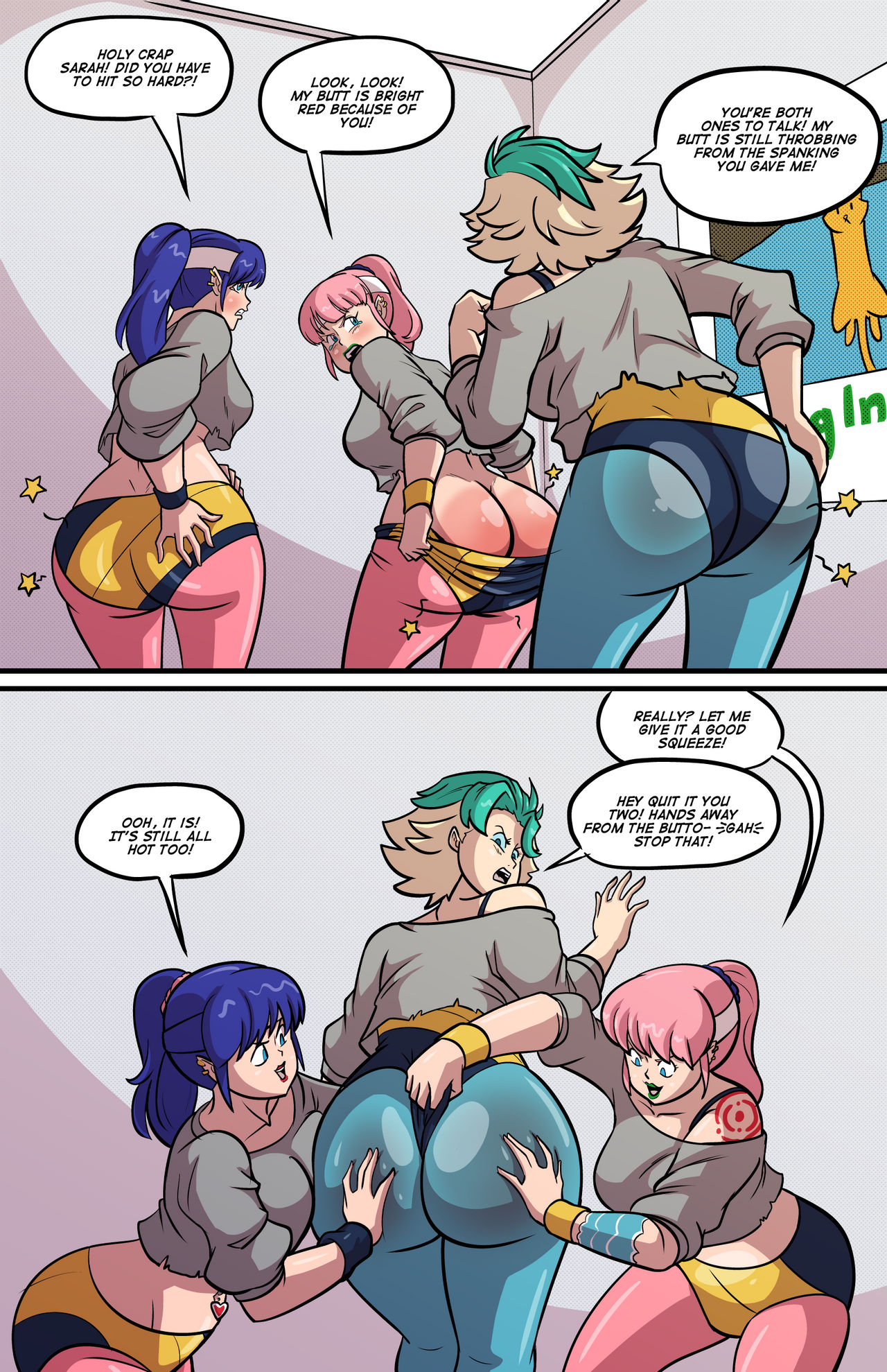 3girls, ass, ass cleavage, ass crack, ass grab, axel-rosered, butt crack, comic, female, female only, groping, huge ass, kate (axel-rosered), leotard, multiple females, multiple girls, original, sarah note (axel-rosered), spanking, yuri