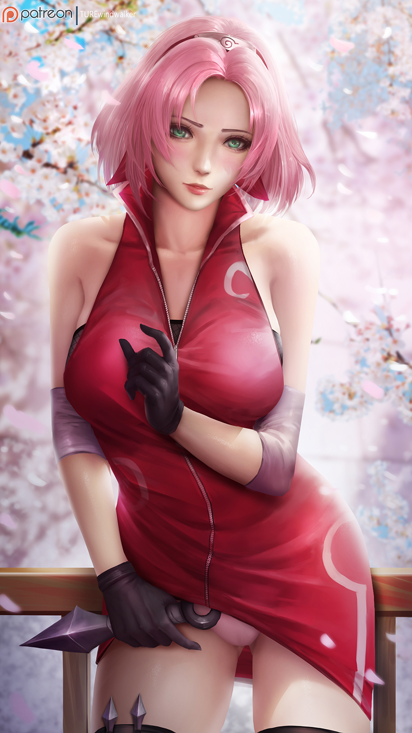 1girls, bare shoulders, big breasts, blush, bob cut, breasts, cherry blossoms, clothed, clothing, dress, dress lift, elbow pads, female, female focus, female only, fully clothed, gloves, green eyes, headband, holding object, kunai, large breasts, light skin, light-skinned female, lips, lipstick, makeup, medium hair, naruto, naruto (series), naruto shippuden, naruto: the last, nature, ninja, no pants, outdoors, outside, pale skin, pale-skinned female, panties, pink hair, pink lips, pink lipstick, pink panties, pinup, pose, realistic, sakura haruno, shoulder length hair, shounen jump, solo, solo female, solo focus, thighs, voluptuous, windwalker