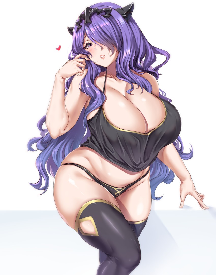 1girls, ass, bare shoulders, big breasts, black panties, black thighhighs, blush, breasts, camilla (fire emblem), cleavage, curvy, female, fire emblem, fire emblem fates, hair over one eye, heart, higher resolution available, highres, huge breasts, legs up, lipstick, long hair, looking at viewer, makeup, moisture (chichi), panties, parted lips, plump, purple eyes, purple hair, seductive smile, simple background, smile, solo, tank top, thick thighs, thighhighs, thighs, tiara, underwear, wavy hair, white background