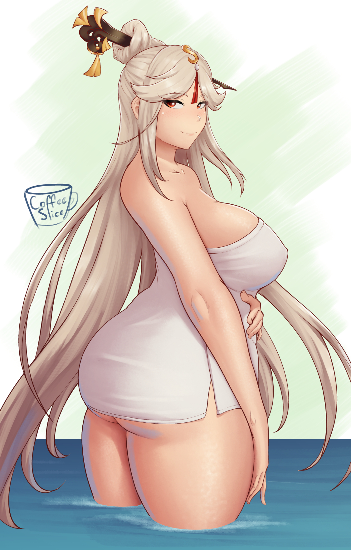 ass, big breasts, blush, breasts, coffeeslice, female, female only, genshin impact, long hair, looking at viewer, ningguang (genshin impact), nude, nude female, red eyes, sideboob, smile, thick thighs, towel, water, white hair