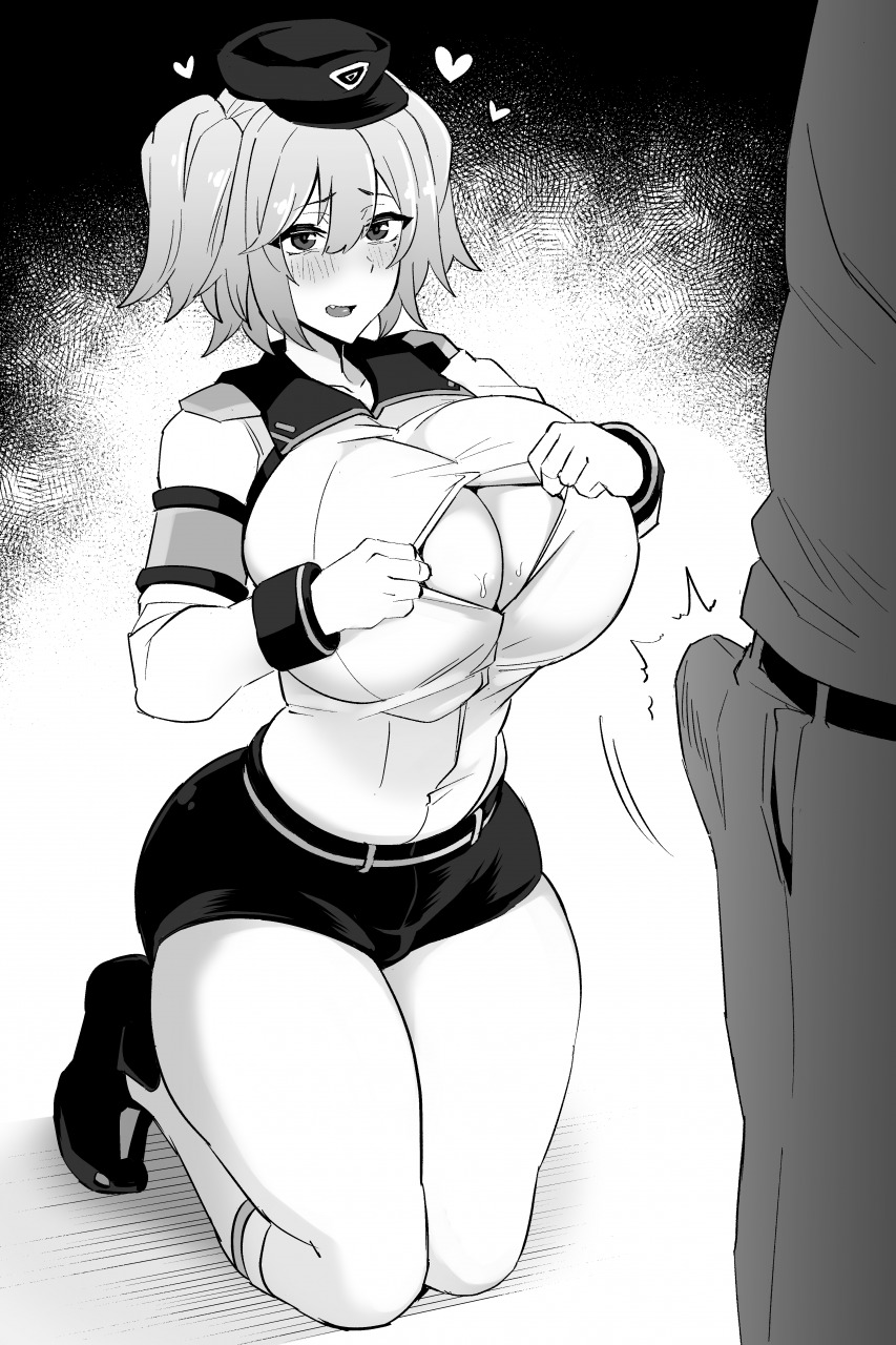 1boy 1girls aba_rano armband belt black_and_white blush breasts cerberus_(last_origin) erection erection_under_clothes hair_between_eyes hat heart horny huge_breasts large_breasts last_origin mole mole_under_eye oerba_yun_fang open_mouth paizuri_invitation short_hair short_shorts shorts thick_thighs thighs twintails unbuttoned unbuttoned_shirt uniform wide_hips