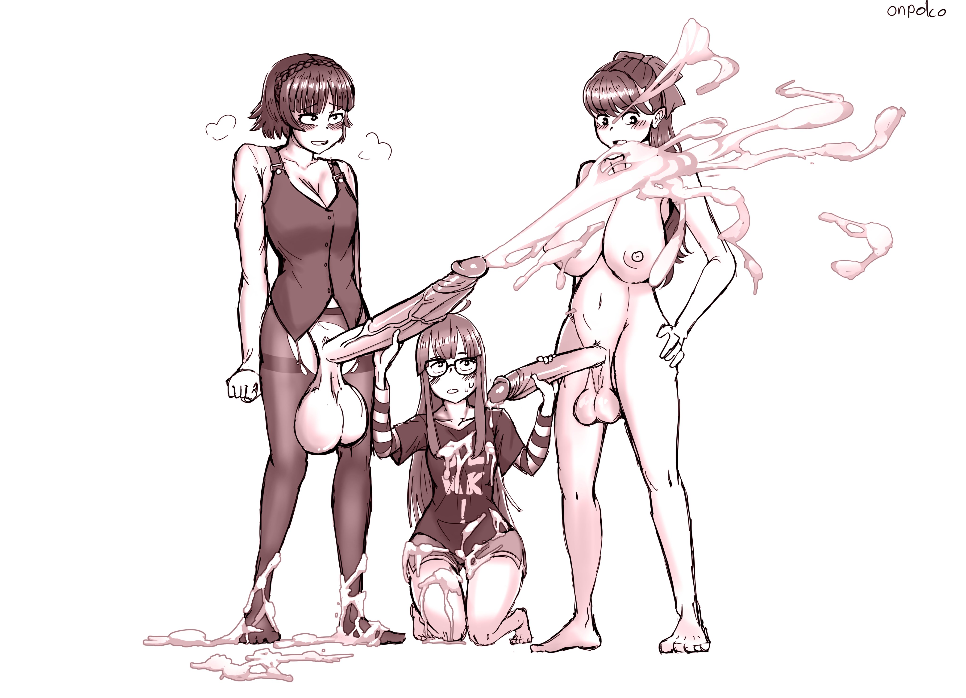 1girls, 2futas, after orgasm, areolae, atlus, balls, blush, breasts, clothed, clothing, cum, cum on ground, cumshot, double handjob, embarrassed, female, fully clothed, futa on female, futanari, glasses, handjob, huge balls, huge cock, intersex, kasumi yoshizawa, kneeling, long hair, long penis, makoto niijima, monochrome, mostly clothed, nude, on knees, onpoko, orgasm, pale skin, penis, penis size difference, persona, persona 5, persona 5 royal, sakura futaba, short hair, standing, sumire yoshizawa, thigh gap, wide hips, wince