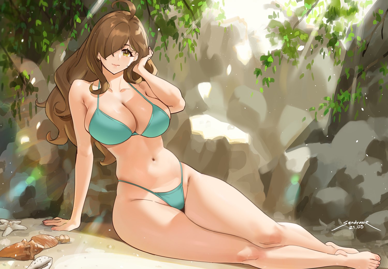 1girls, barefoot, beach, bikini, breasts, brown hair, feet, female, female only, kono subarashii sekai ni shukufuku wo!, large breasts, legs, long hair, long legs, looking at viewer, sand, seashell, sendrawz, swimsuit, tagme, thick thighs, thighs, wiz (konosuba)