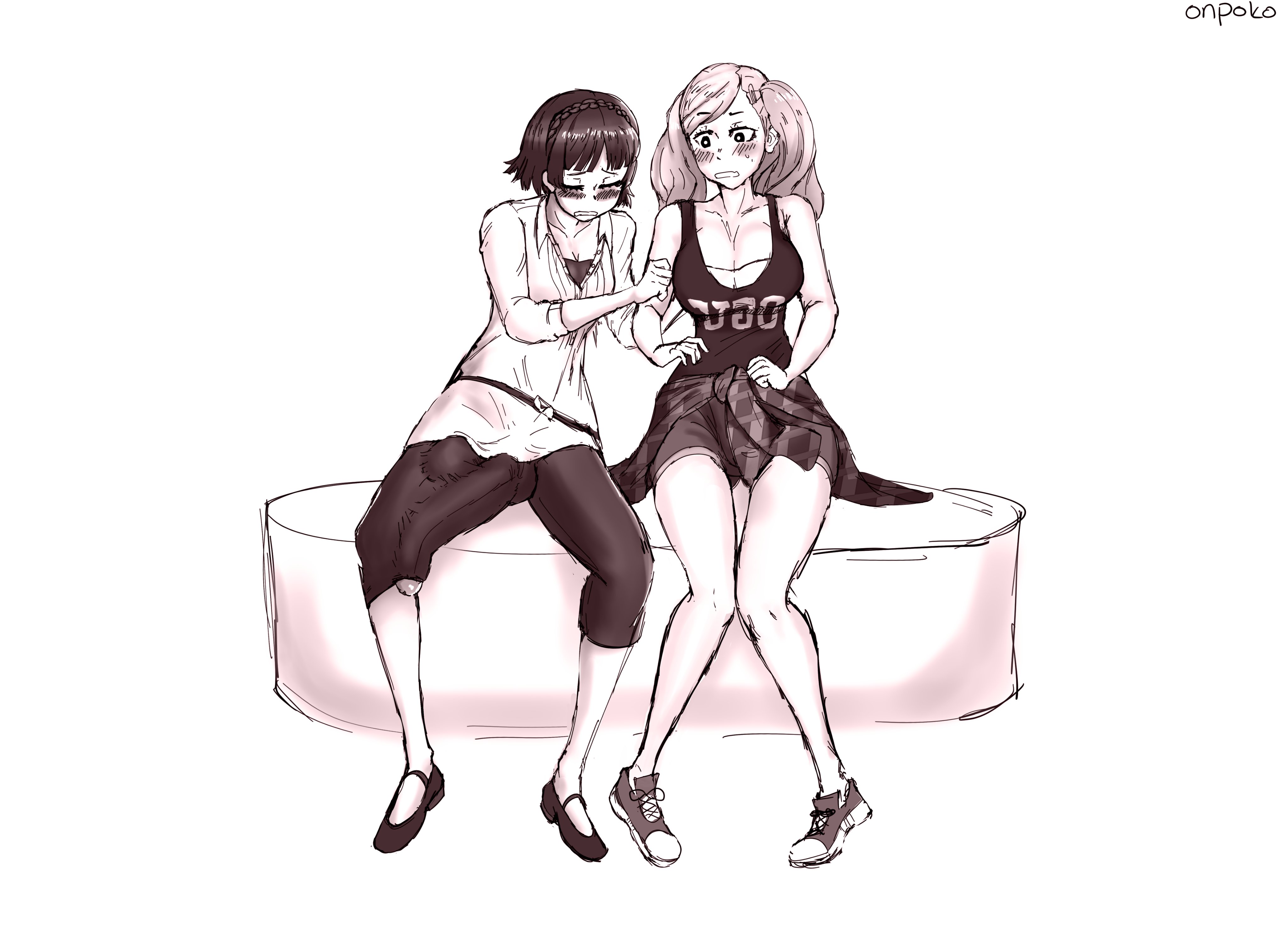 1futa, 1girls, ann takamaki, atlus, balls, blush, breasts, bulge, clothed, clothing, duo, erection under clothes, female, fully clothed, futanari, huge balls, huge cock, human, intersex, long hair, looking at penis, makoto niijima, monochrome, onpoko, penis, penis awe, penis through leghole, penis under clothes, persona, persona 5, sitting, twintails