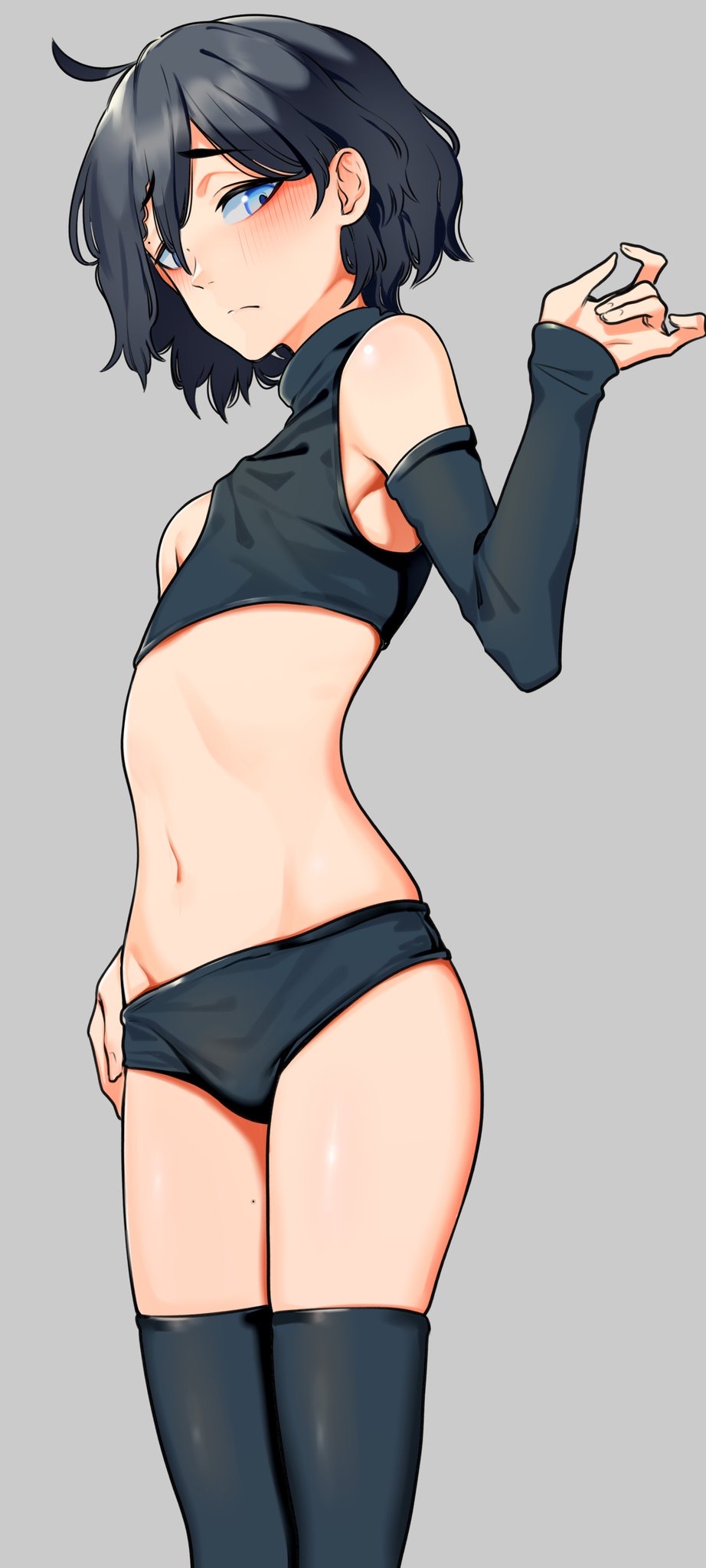 armpits, armwear, artist self-insert, ass, bikini, black hair, blue eyes, blush, bulge, femboy, girly, kusi zaki, kusi zaki (character), male, male only, midriff, skinny, thighhighs, turtleneck, virtual youtuber