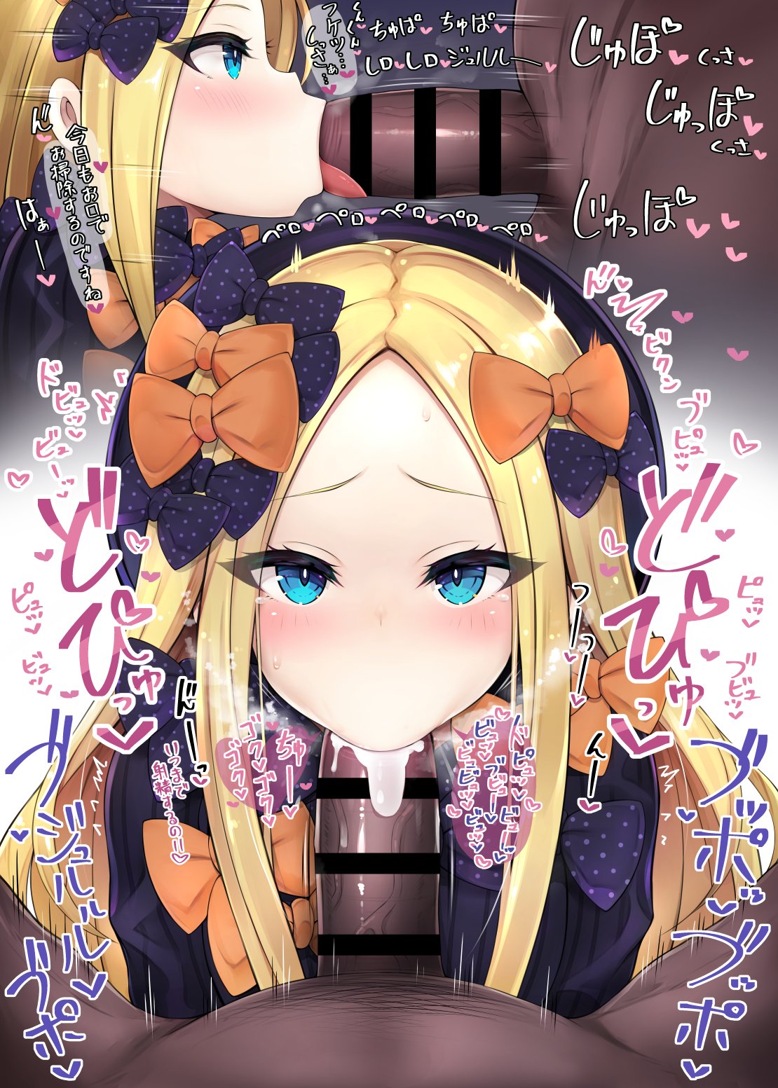 :>=, 1boy, abigail williams (fate/grand order), bangs, big penis, blonde hair, blue eyes, blush, bow, censor bar, censored, cum, cum in mouth, dark skin, dark-skinned male, dripping cum, facing viewer, fate (series), fate/grand order, fellatio, female, forehead, high resolution, hiiragi hiiro, hiiro h, huge cock, interracial, japanese language, japanese text, kneeling, light skin, light-skinned female, looking at penis, looking at viewer, male, oral, orange bow, parted bangs, penis, polka dot, polka dot bow, ponytail, side view, sound effects, sweat, text, tied hair, tongue, tongue out