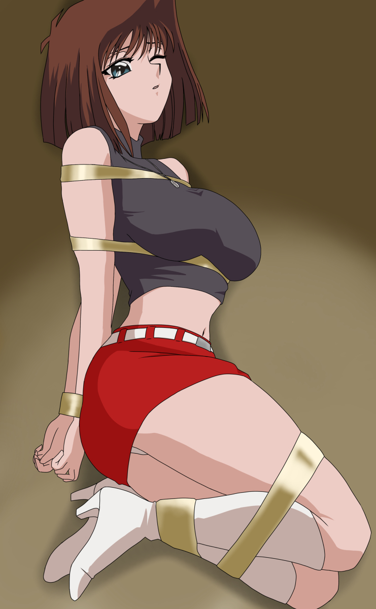 apricot_(artist) big_breasts bondage bound brown_hair female high_heel_boots navel panties sakura_painter short_skirt tea_gardner white_panties yu-gi-oh!