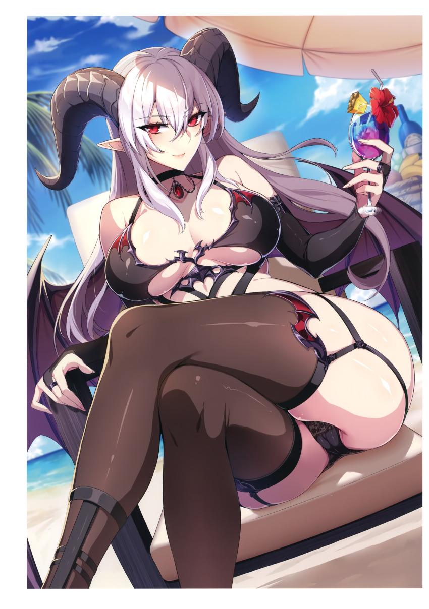 bangs, bare shoulders, beach, blue sky, blush, breasts, choker, cleavage, cup, day, demon, demon girl, demon horns, demon wings, female, highres, horns, large breasts, legs crossed, long hair, looking at viewer, original, outdoors, pointy ears, red eyes, sidelocks, silver hair, sitting, sky, smile, thighhighs, wings, zeroshiki kouichi