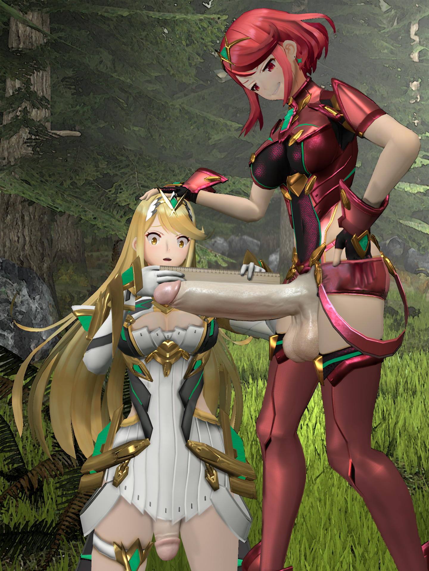 2futas, 3d, balls, big balls, big breasts, big penis, breasts, clothed, clothing, duo, futa only, futanari, huge cock, intersex, mostly clothed, mythra, pale skin, penis, penis awe, pyra, ruler, stalkek, standing, xenoblade (series), xenoblade chronicles 2