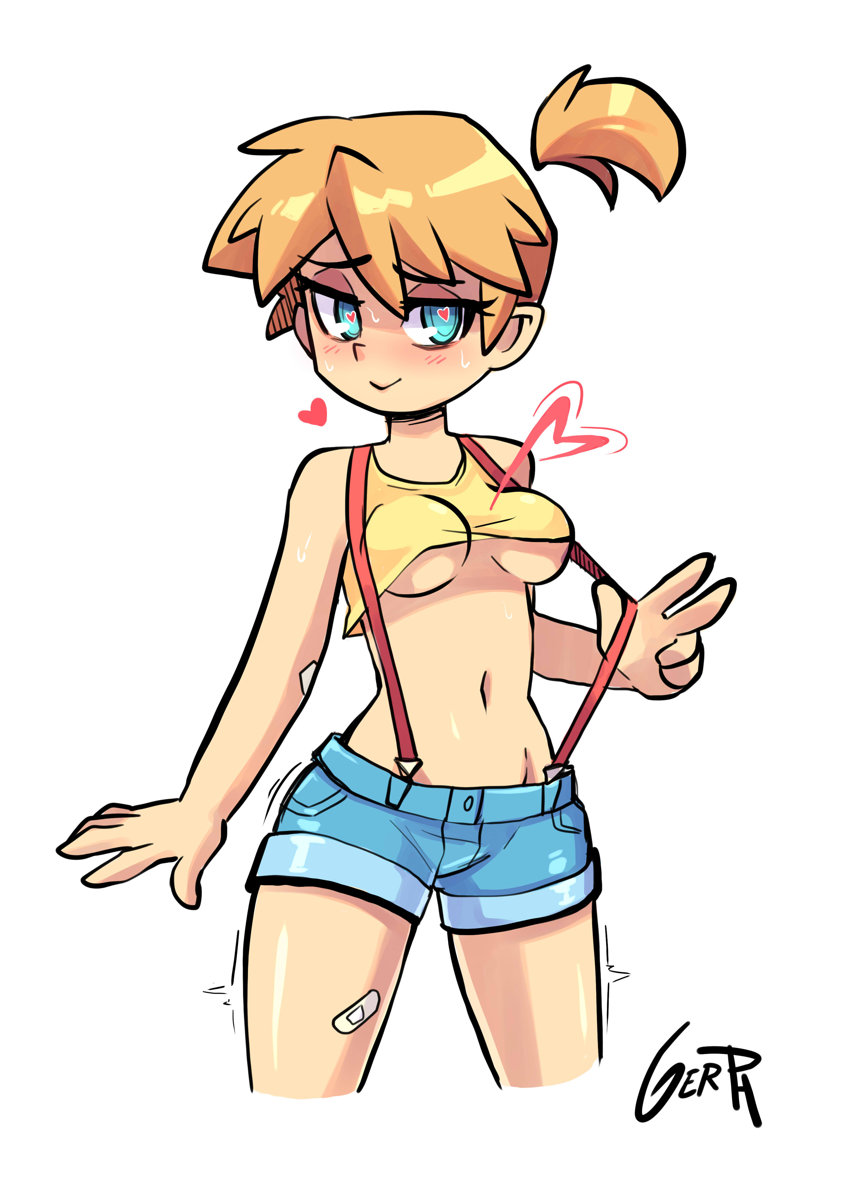 1girls, 5 fingers, artist name, asymmetrical hair, bandaid, bare shoulders, blue eyes, blue shorts, blush, breasts, cleavage, crop top, cropped legs, denim, denim shorts, eyebrows visible through hair, female, female only, gerph, groin, half-closed eyes, hand up, heart, heart-shaped pupils, high resolution, human, human only, humanoid, jpeg artifacts, kasumi (pokemon), looking at viewer, medium breasts, midriff, misty (pokemon), navel, nintendo, orange hair, paid reward, pokemon, pokemon rgby, ponytail, red hair, shiny, shiny hair, shiny skin, shirt, short hair, short shorts, shorts, side ponytail, signature, simple background, sleeveless, sleeveless shirt, smile, solo, solo female, spread legs, suspenders, suspenders pull, sweat, symbol-shaped pupils, tied hair, trembling, underboob, very high resolution, w, white background, yellow shirt