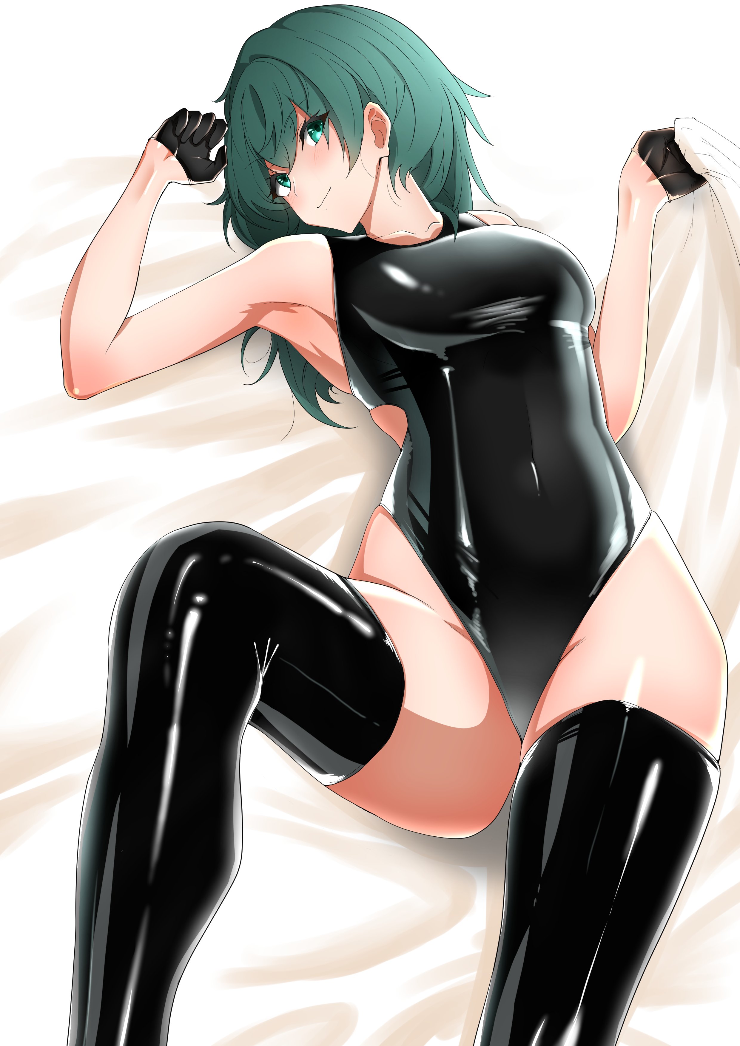 1girls, absurdres, armpits, bare thighs, black gloves, black legwear, blue eyes, blue hair, byleth (fire emblem), byleth (fire emblem) (female), female, fire emblem, fire emblem: three houses, gloves, highres, humi simoya, latex, leotard, lying, nintendo, on back, one-piece swimsuit, solo, swimsuit, thighhighs