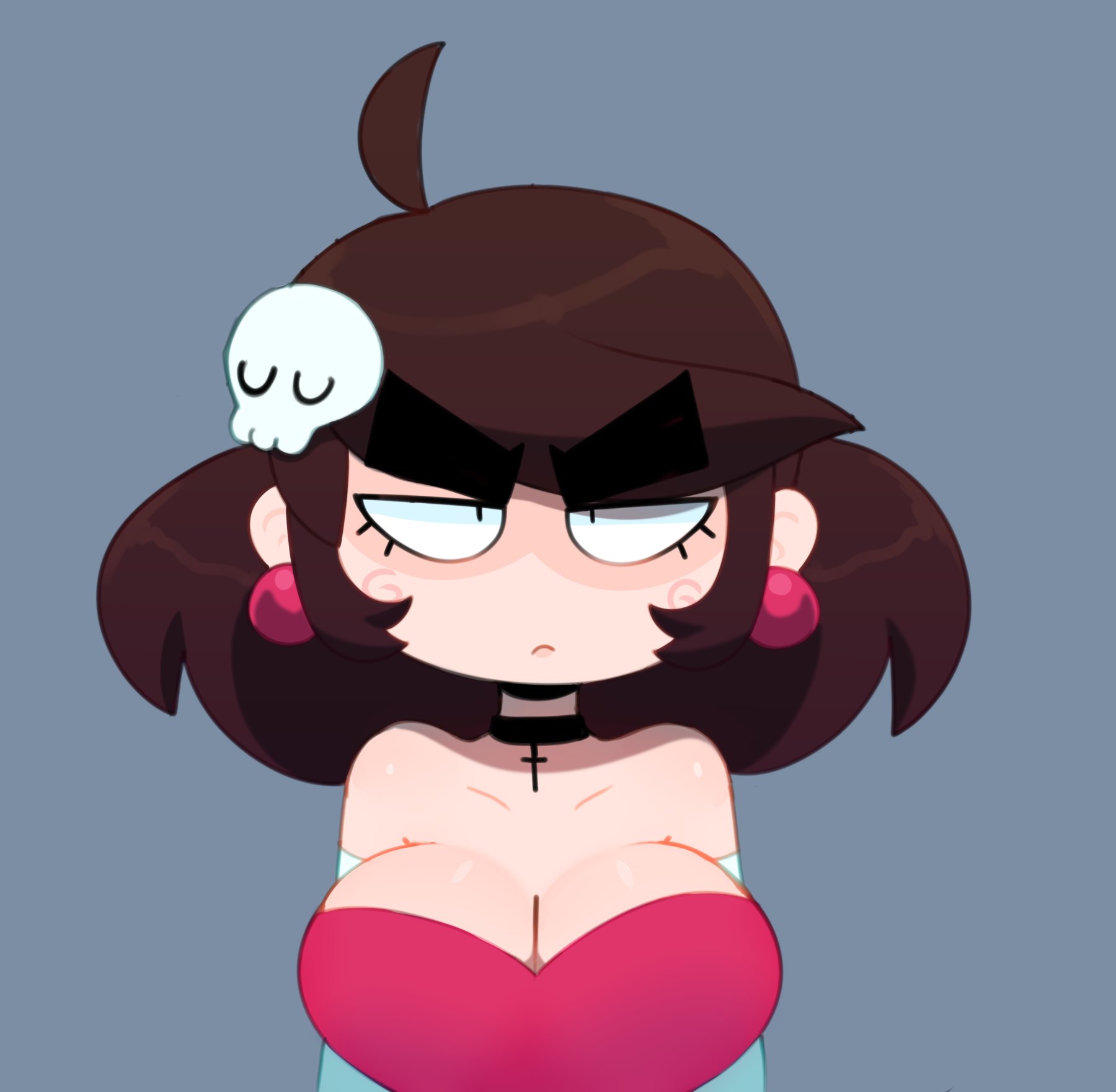 1girls, angry, big breasts, breasts, brown hair, choker, christian cross, cleavage, dress, earrings, female, female only, femscrub (somescrub), looking at viewer, milf, original, red dress, red earrings, skull hair ornament, somescrub, twitter