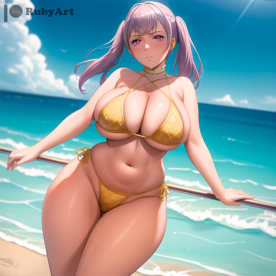 1girls ai_generated beach big_butt bikini black_clover curvy female female_only noelle_silva purple_eyes rubyart silver_hair solo stable_diffusion twintails_(hairstyle) wide_hips