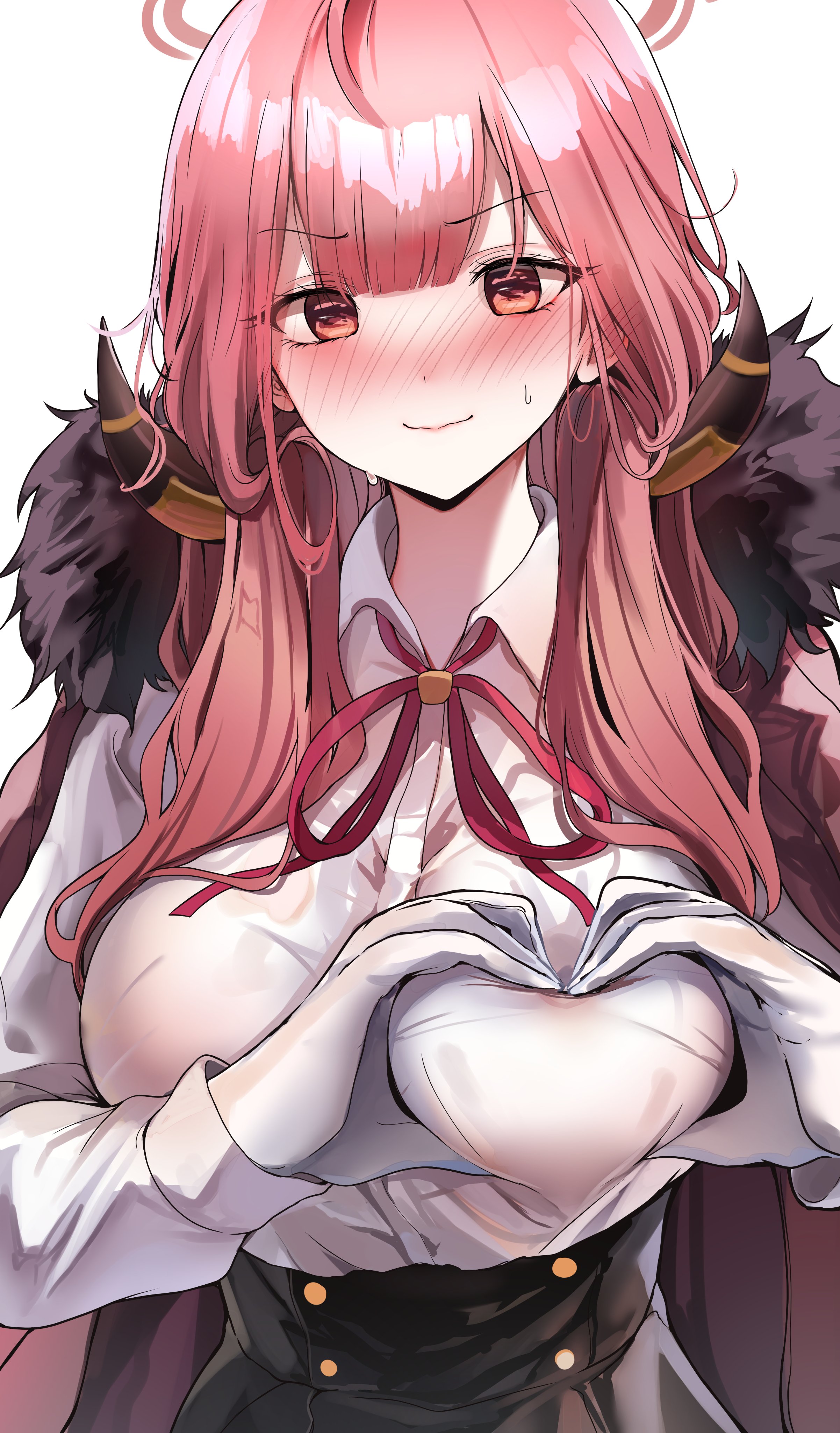 absurdres, aru (blue archive), bangs, black skirt, blue archive, blush, breasts, brown coat, brown eyes, coat, collarbone, collared shirt, dress shirt, female, fur trim, fur-trimmed coat, gehenna academy student, heart, heart hands, heart-shaped boob challenge, highres, horns, large breasts, light brown hair, long hair, long sleeves, looking at viewer, open mouth, problem solver 68 (blue archive), sak (lemondisk), shirt, skirt, white shirt