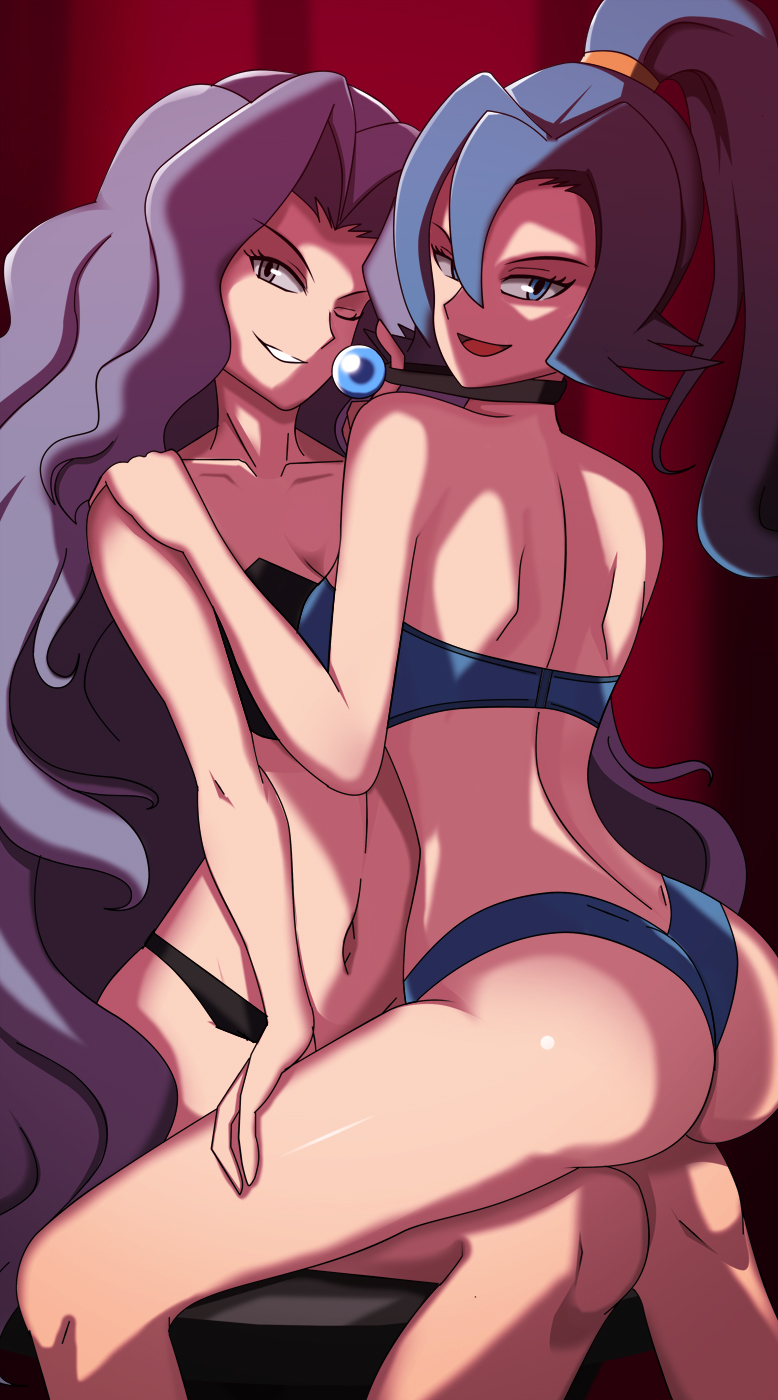 2girls, ass, black bra, black panties, blue bra, blue hair, blue panties, bra, clair (pokemon), completely naked, completely naked female, completely nude female, elite four, female, female focus, female only, gym leader, hair ornament, hair tie, human, ibuki (pokemon), inviting, karen (pokemon hgss), karen (pokemon), karin (pokemon hgss), karin (pokemon), long hair, multiple females, multiple girls, naked, navel, neckwear, nintendo, panties, pokemon, pokemon gsc, pokemon hgss, ponytail, purple hair, seductive, seductive smile, sitting, sitting on lap, smile, smiling at viewer, straight hair, underwear, underwear only, very long hair, vivivoovoo, white background, yuri