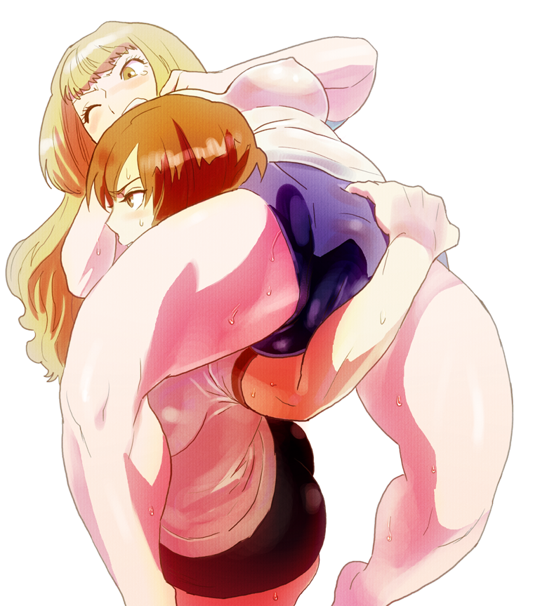 2girls ass backbreaker bad_id bad_pixiv_id blonde_hair breasts brown_eyes brown_hair buruma carrying isaki isaki_(shimesaba) large_breasts long_hair multiple_girls nipple_bulge nipples open_mouth original see-through see-through_clothing see-through_top short_hair simple_background sweat tears underboob white_background wrestling yellow_eyes