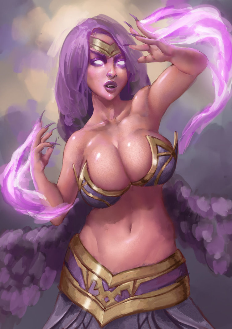 1girls belly cleavage eriyal glowing_eyes large_breasts league_of_legends long_fingernails long_hair magic morgana purple_hair tiara