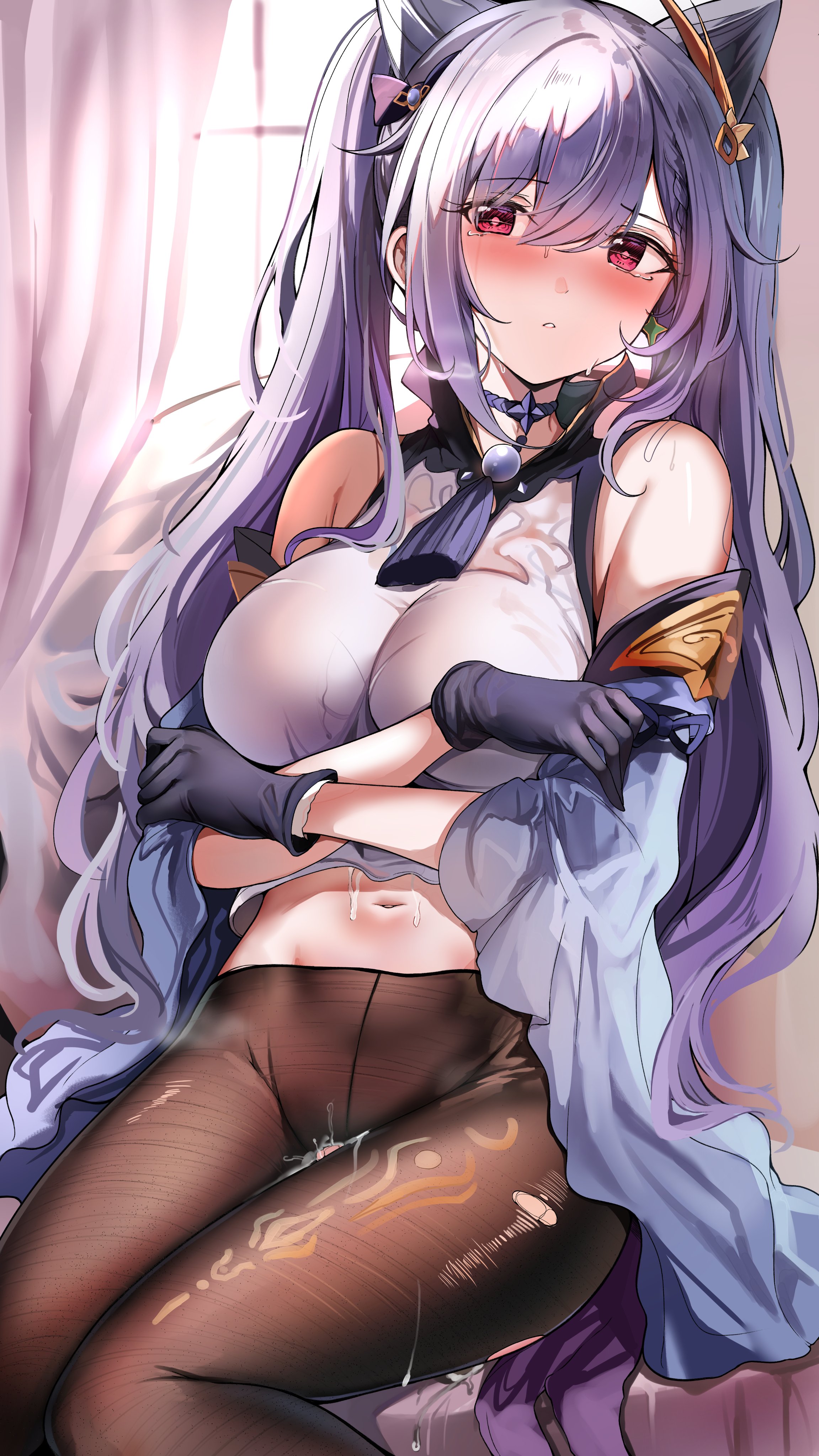 absurdres, bangs, bare shoulders, black legwear, blue gloves, blush, breasts, choker, cum, cum on body, double bun, eyebrows visible through hair, female, genshin impact, gloves, hair, hair between eyes, hair ornament, highres, indoors, keqing (genshin impact), large breasts, long sleeves, looking at viewer, midriff, navel, off shoulder, pantyhose, parted lips, purple hair, red eyes, sak (lemondisk), sitting, solo, sunlight, tears, torn clothes, torn legwear, twintails