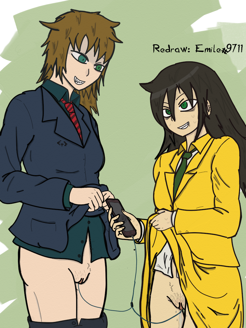 artist_insert black_hair clitoral_hood clothed clothing crossover drool duo emilethedevil eye_bags female green_eyes grinding grool heterochromia kuroki_tomoko lifted_dress music_based_sex_toy no_panties object_insertion oc pants_down pubes pubic_hair puffy_pussy pussy_juice redraw school_uniform smug ties vulva watashi_ga_motenai_no_wa_dou_kangaetemo_omaera_ga_warui! yuri